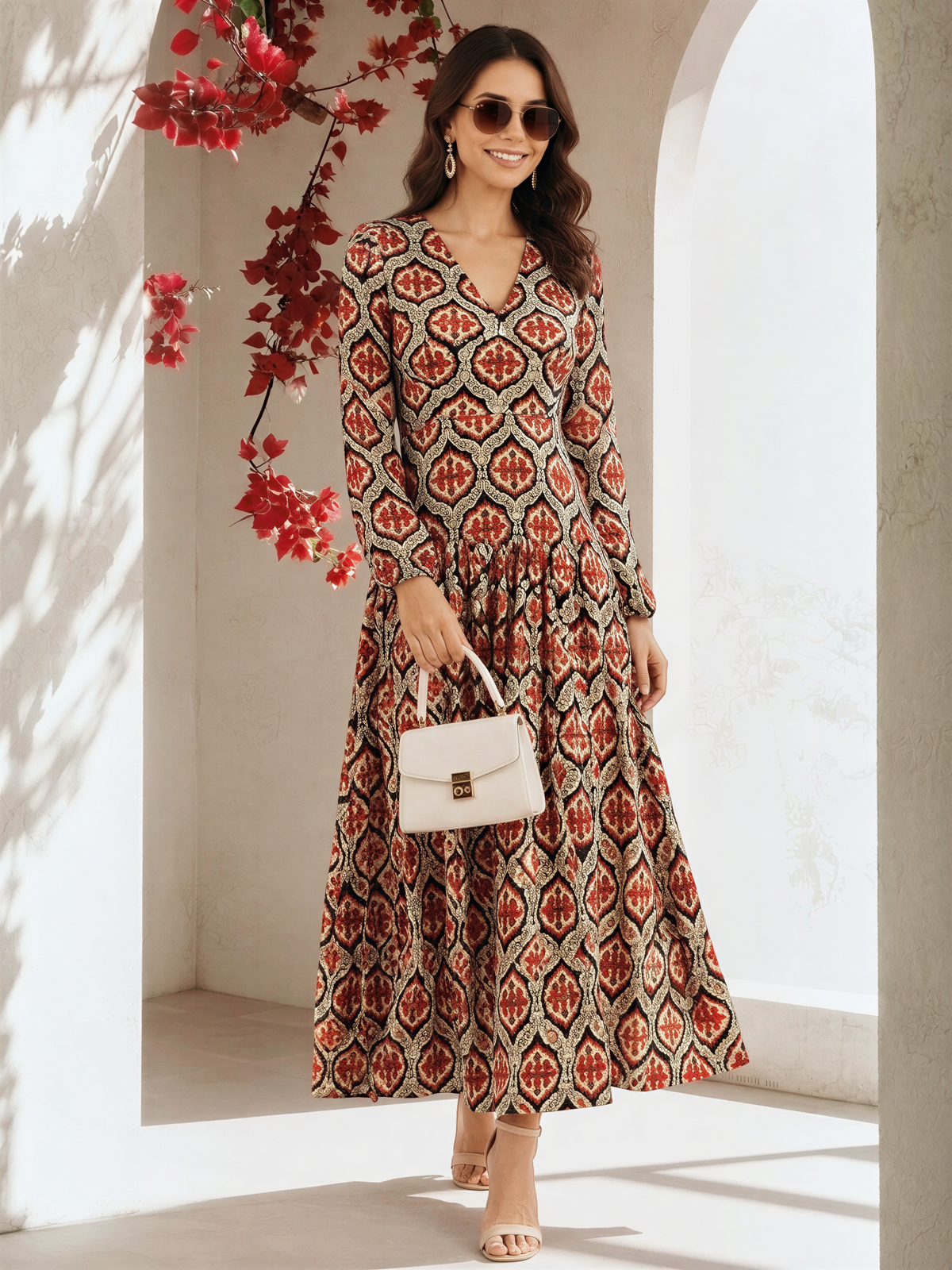 A woman wearing a long, patterned dress with a high neckline and long sleeves, standing in a room with arched doorways and red flowers hanging from the ceiling. She is holding a small white handbag and smiling.