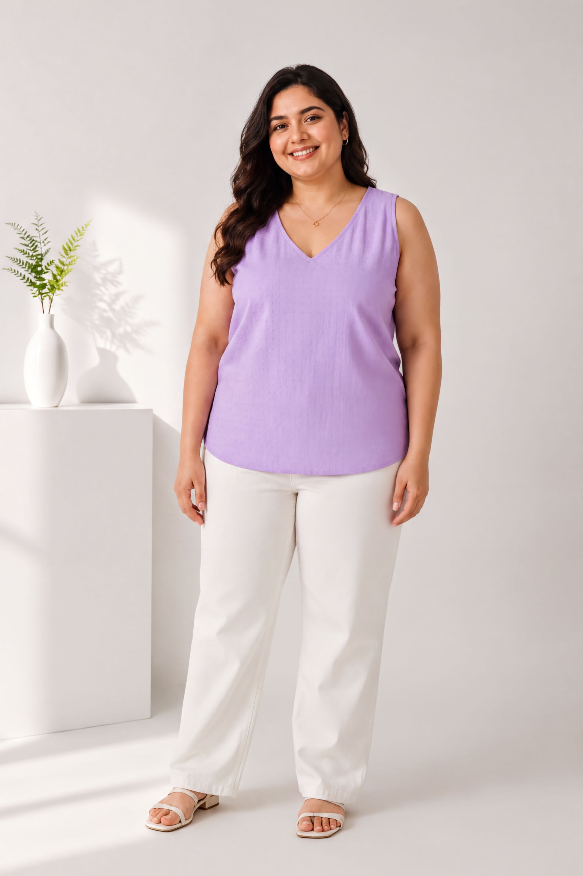 A woman wearing a purple sleeveless top and white pants stands in a minimalist setting with a white vase and a plant on a white pedestal.