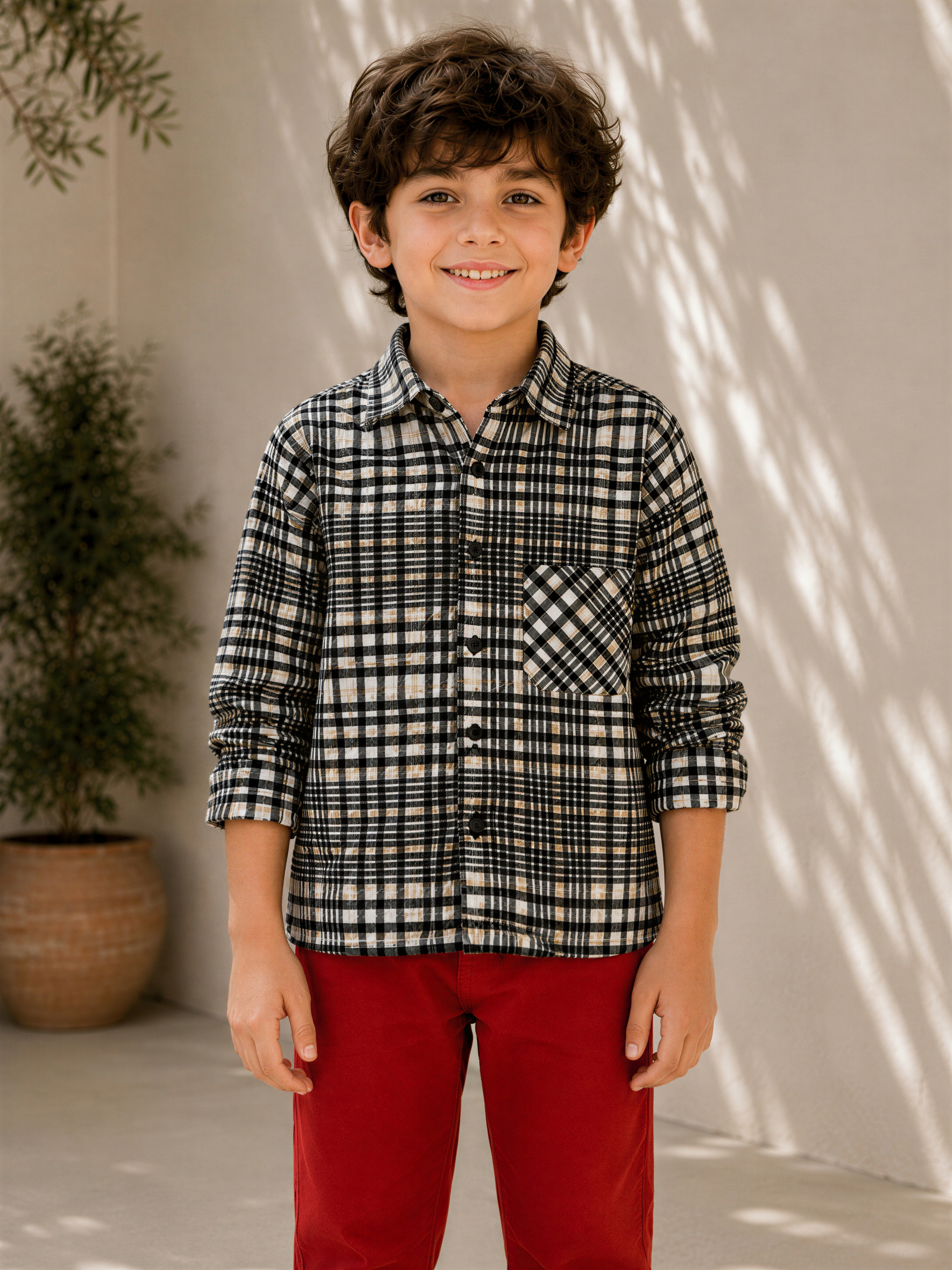A young boy with curly hair is standing in front of a white wall, wearing a black and white plaid shirt and red pants.