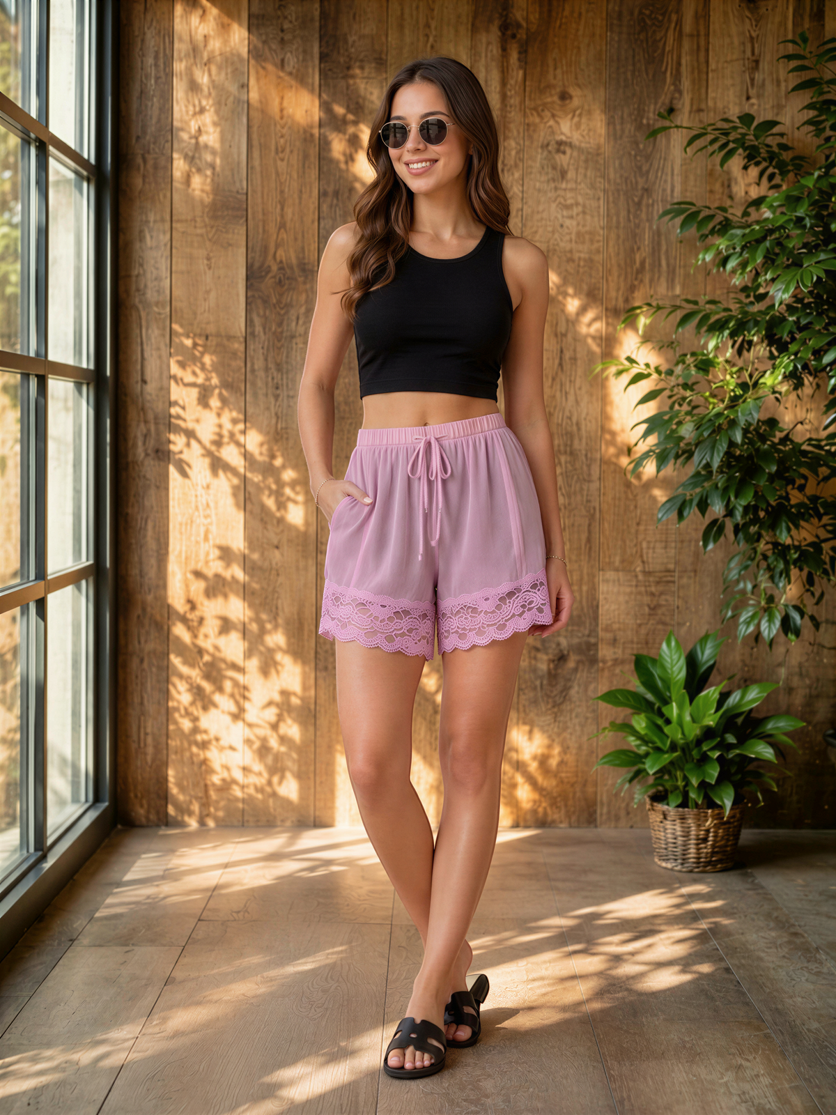 A woman wearing a black crop top and pink shorts with lace detailing stands in a room with wooden walls and a window.