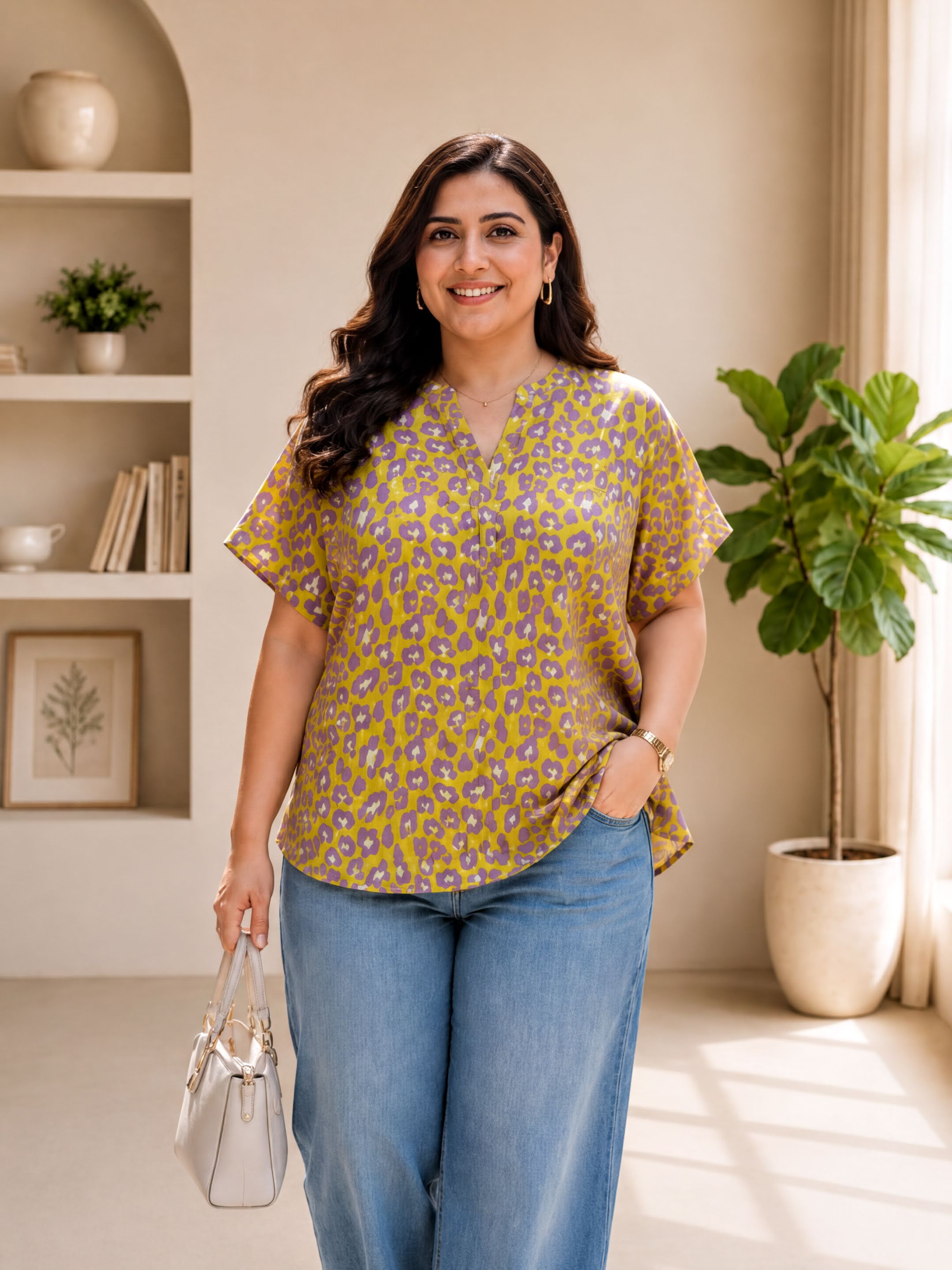 A woman wearing a yellow and purple floral blouse and blue jeans stands in a room with a potted plant and bookshelf in the background.