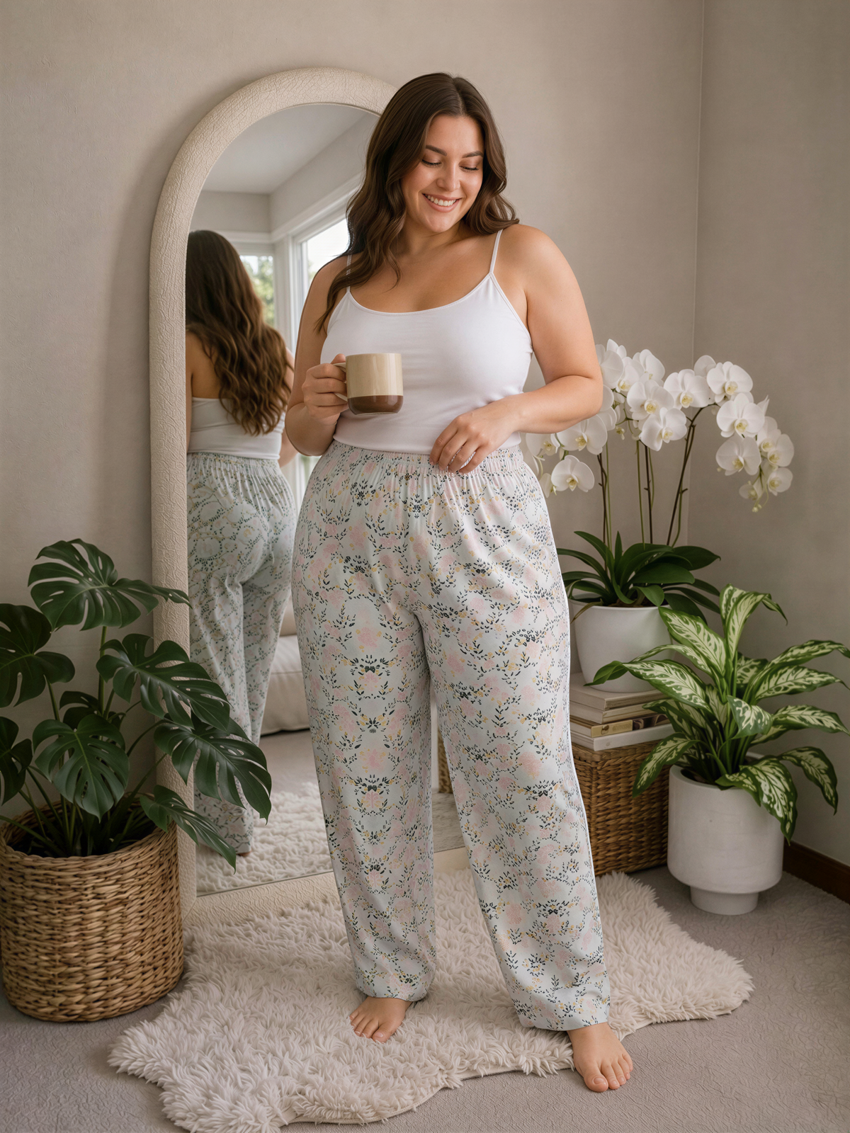 A woman in a white tank top and floral pants stands in a room with a large mirror, holding a coffee mug and surrounded by potted plants.