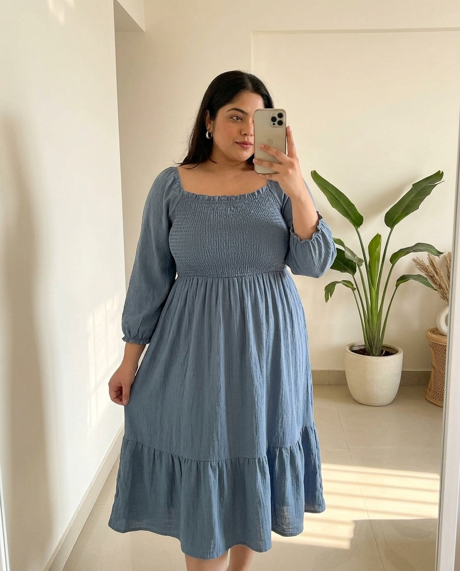 Woman wearing a blue plus size smocked midi dress taking mirror selfie in bright room