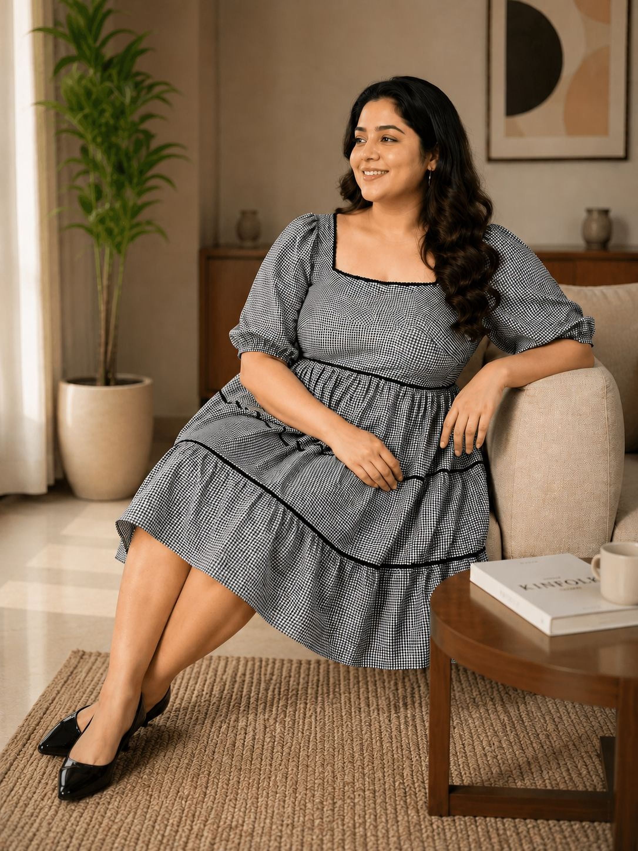 A woman in a striped dress is sitting on a couch in a living room, smiling and looking to the side.