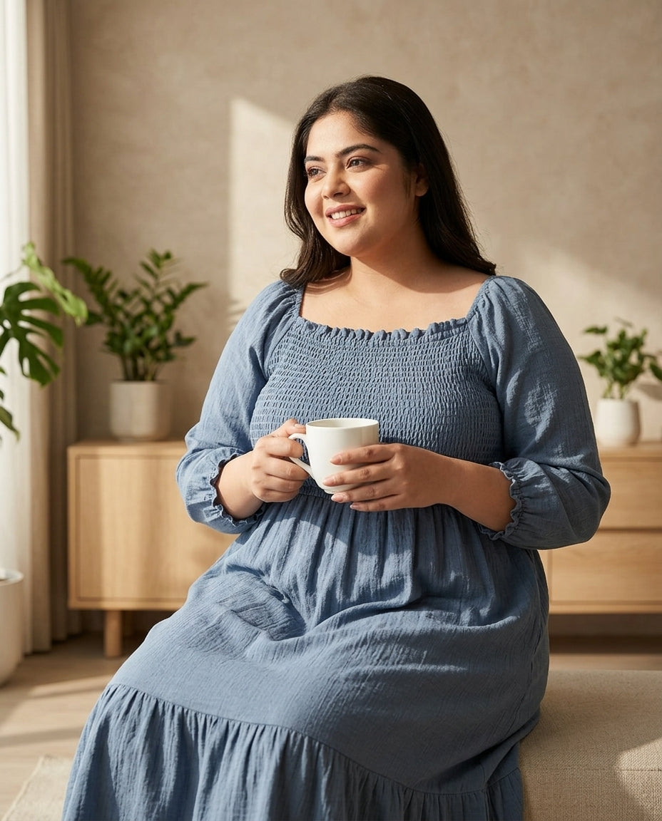 Smiling woman in blue smocked dress sitting indoors with a mug, plus size fashion