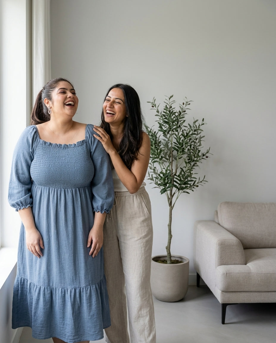 Two women laughing in a modern living room, one in a blue plus size dress, one in beige jumpsuit