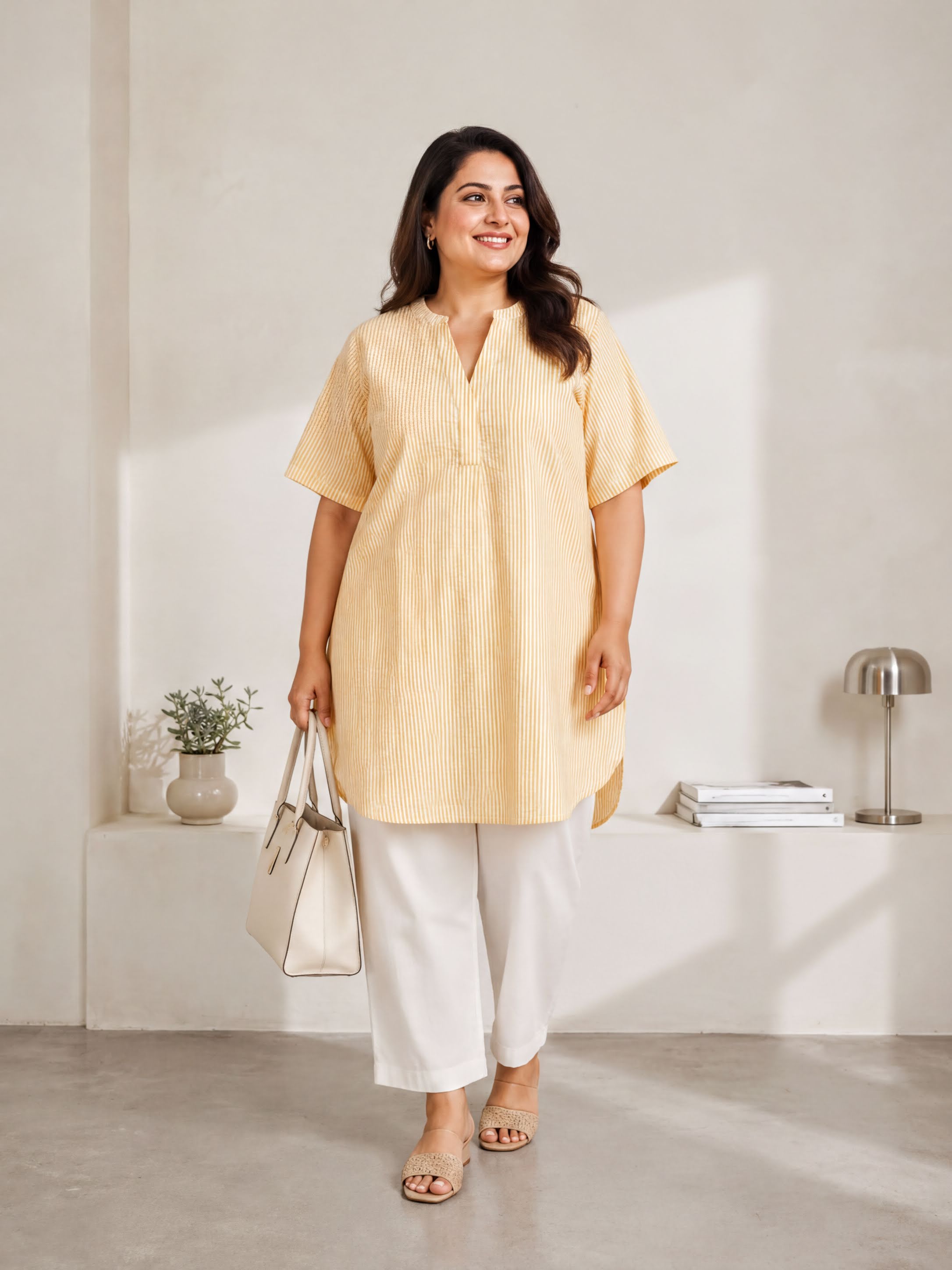 A woman wearing a yellow striped dress and white pants stands in a minimalist room, holding a white handbag and smiling.