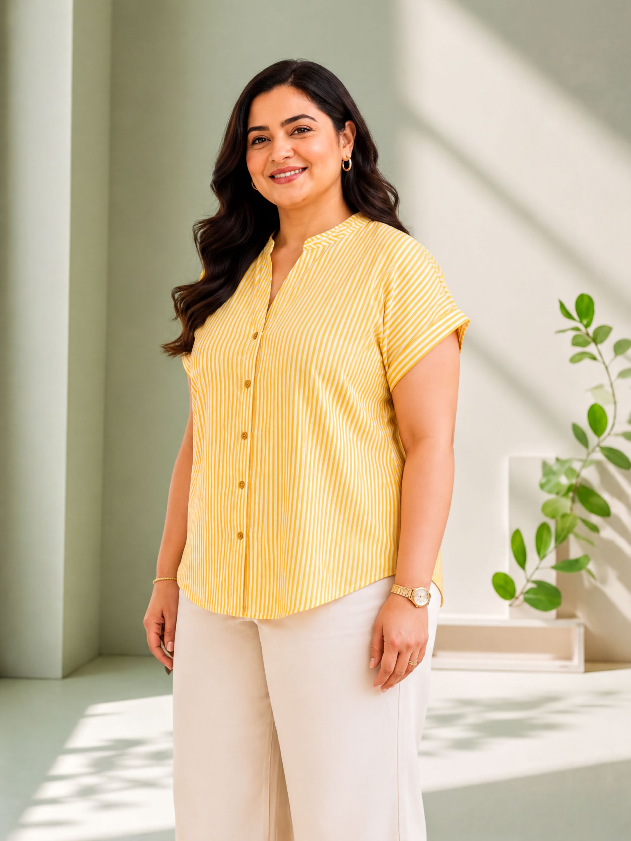 A woman with long dark hair is standing in a room with a green wall and a plant, wearing a yellow and white striped blouse and white pants.