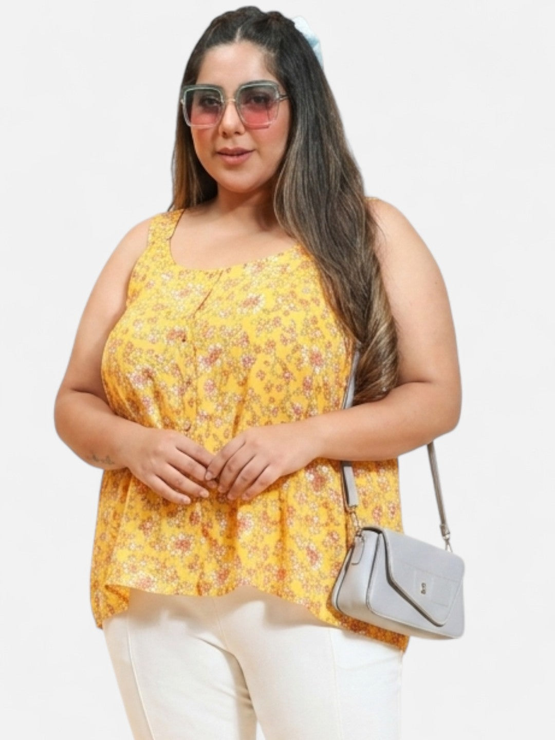 Plus Size Yellow Floral Print Viscose Top