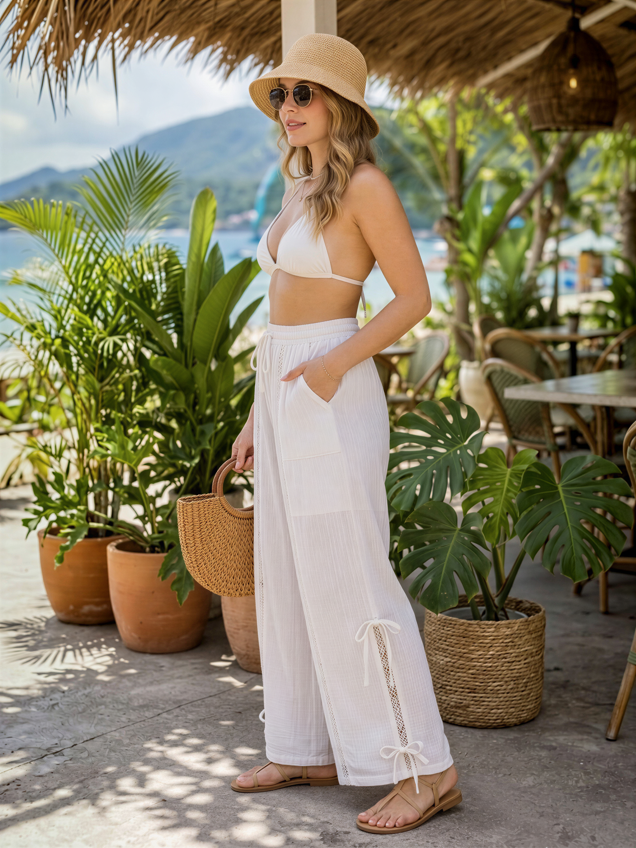 A woman in a white bikini top and wide-leg pants stands in front of a tropical setting with palm trees and potted plants. She is wearing a straw hat and sunglasses, and is holding a woven purse.