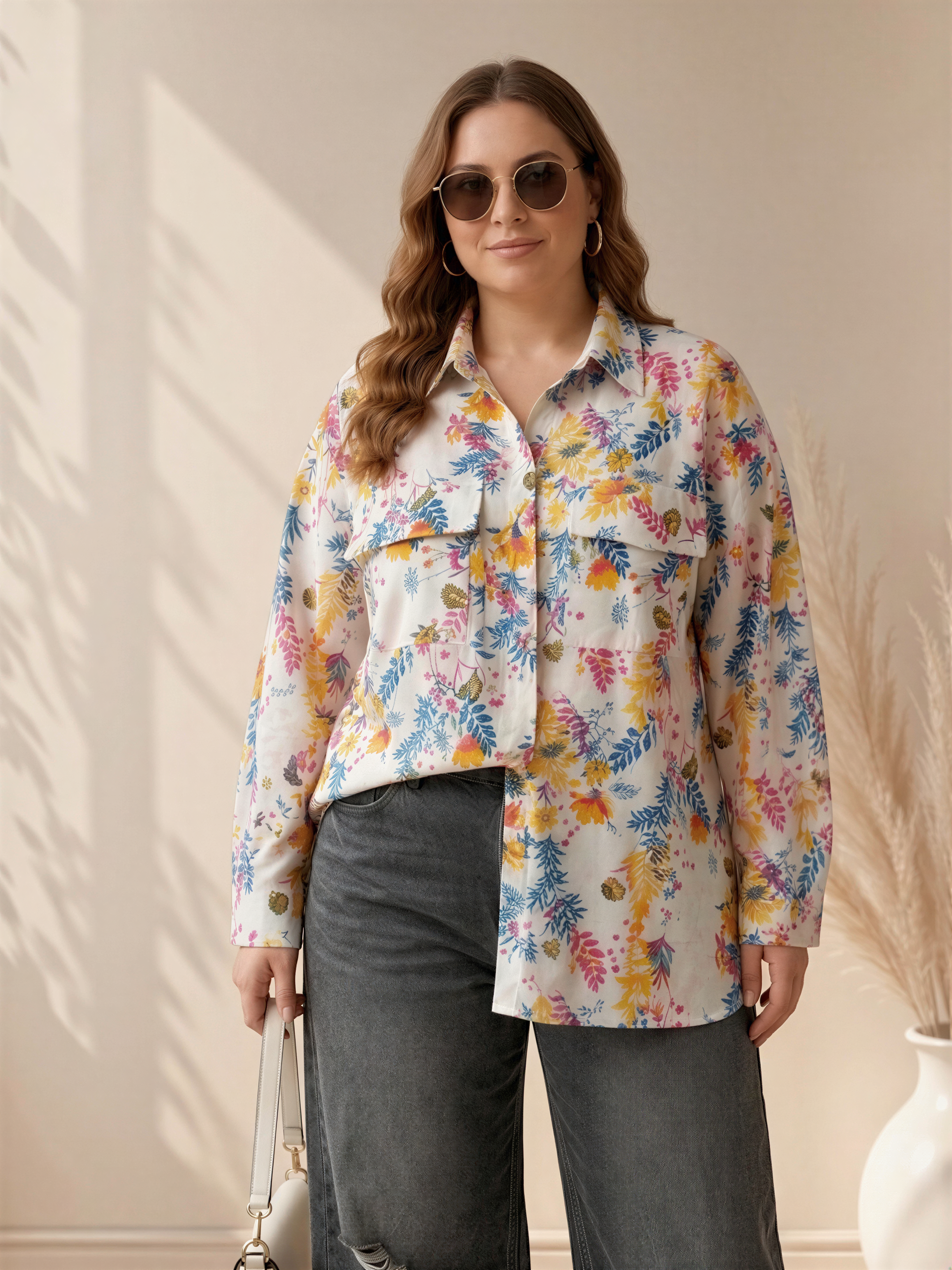 A woman wearing a white shirt with a colorful floral print, sunglasses, and holding a white purse stands in front of a beige wall.