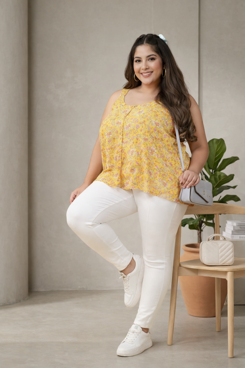 Plus Size Yellow Floral Print Viscose Top