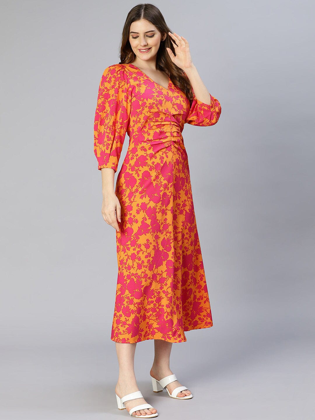 Orange Floral Printed Midi Dress