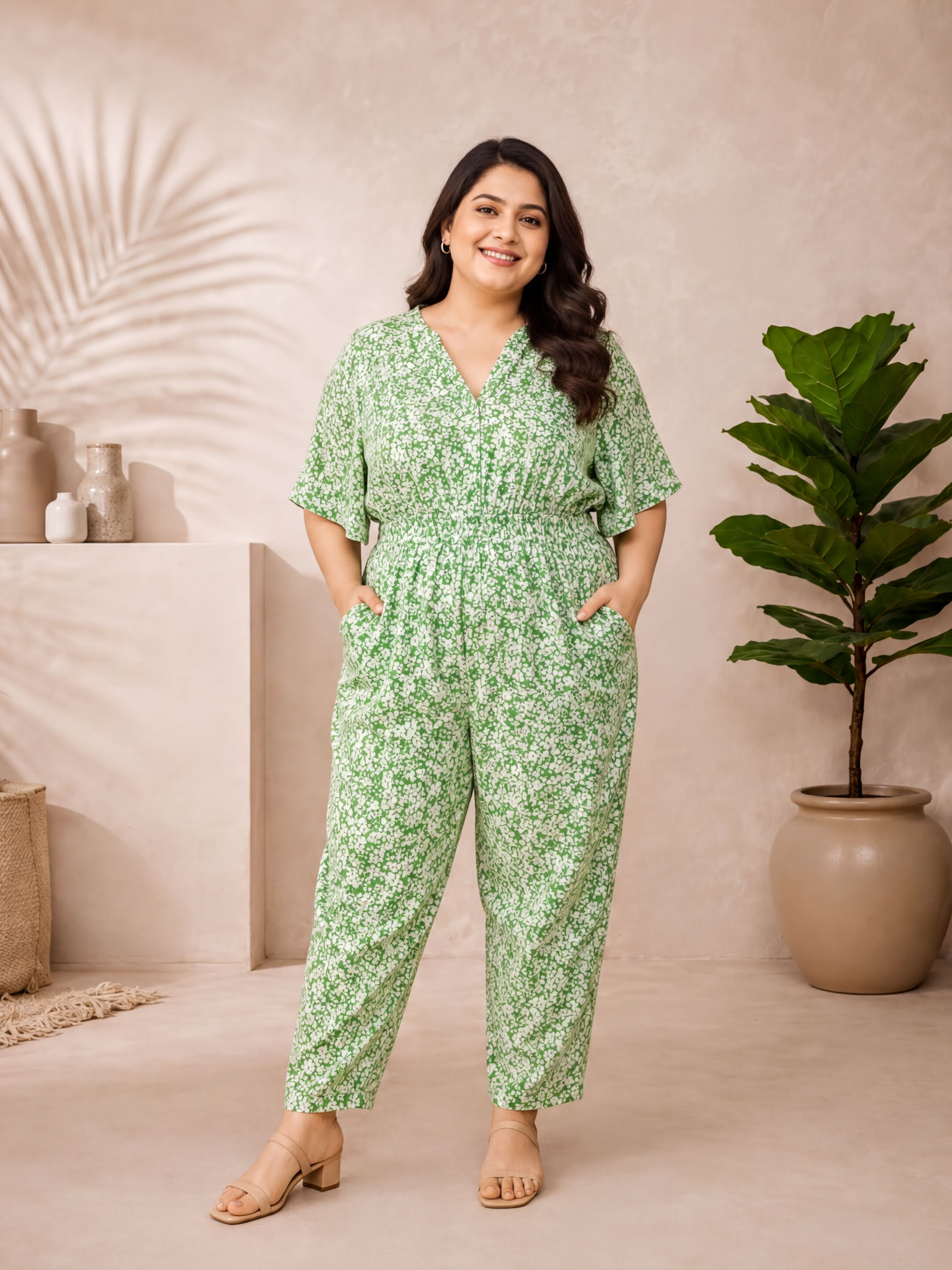 A woman wearing a green floral jumpsuit stands in a room with a potted plant and a shelf with decorative items.