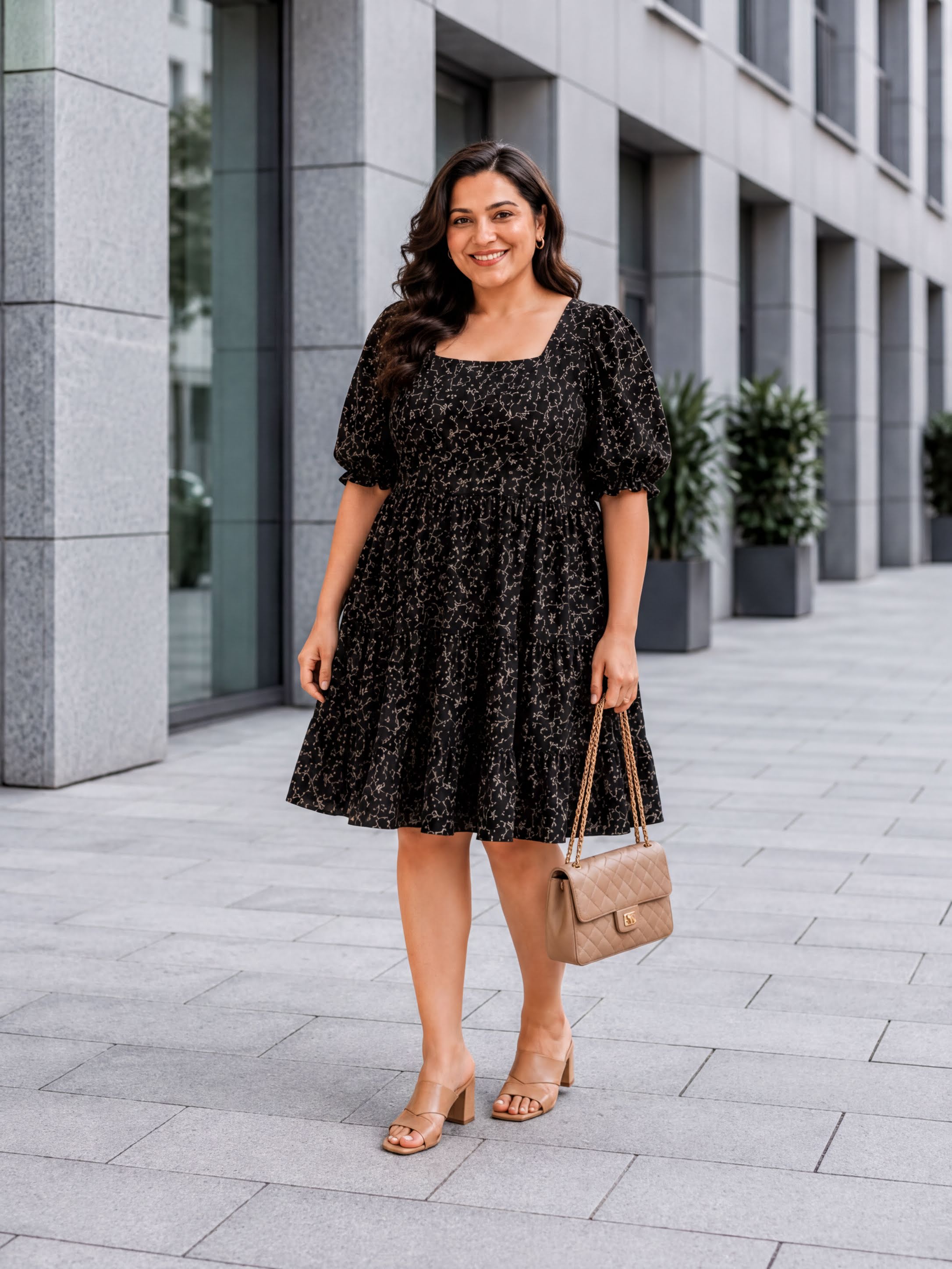 A woman wearing a black dress with puffed sleeves and a floral pattern, smiling and walking on a sidewalk in front of a building.