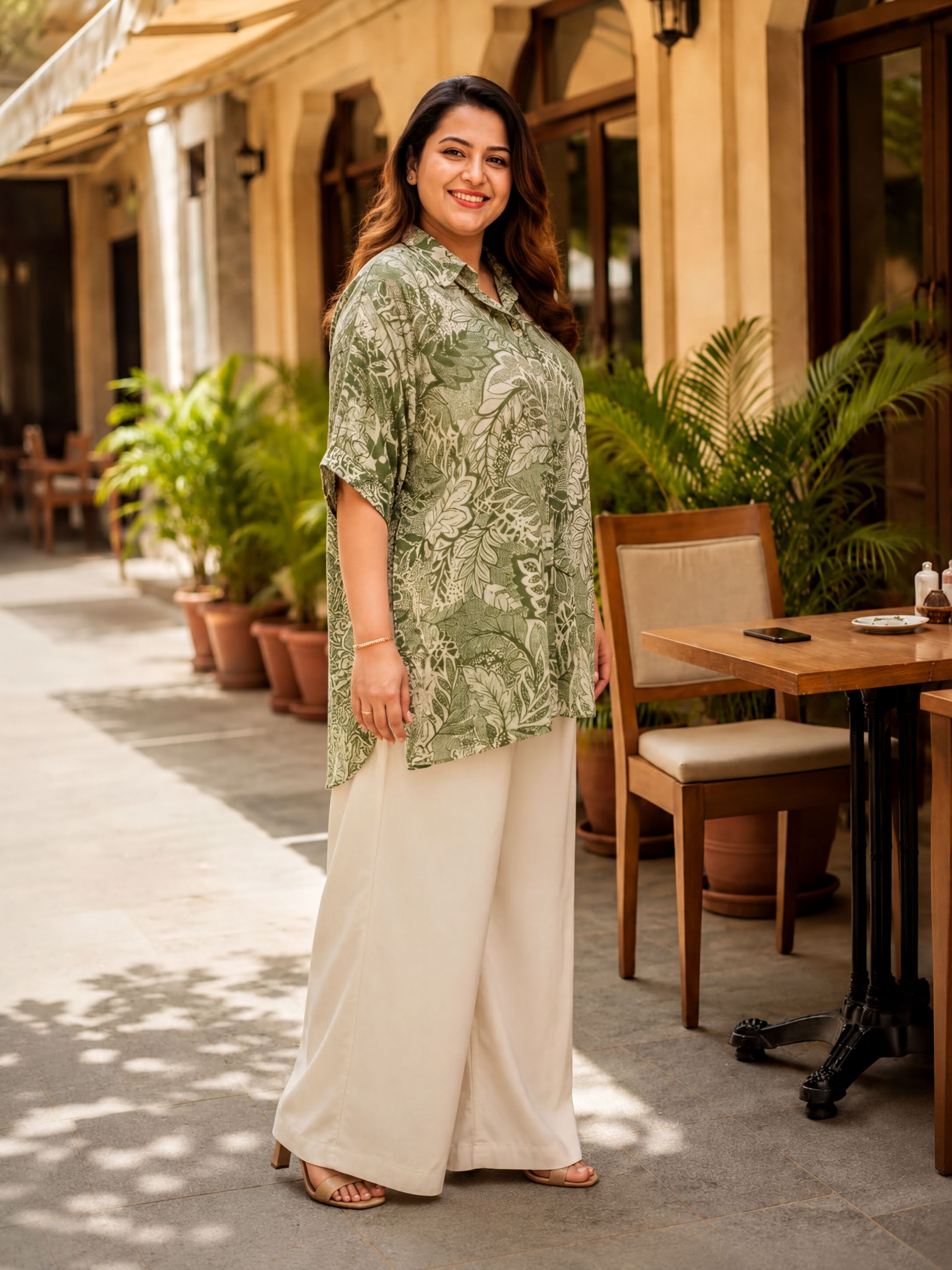 A woman wearing a green and white patterned blouse and white pants stands in front of a building with potted plants and a wooden table.