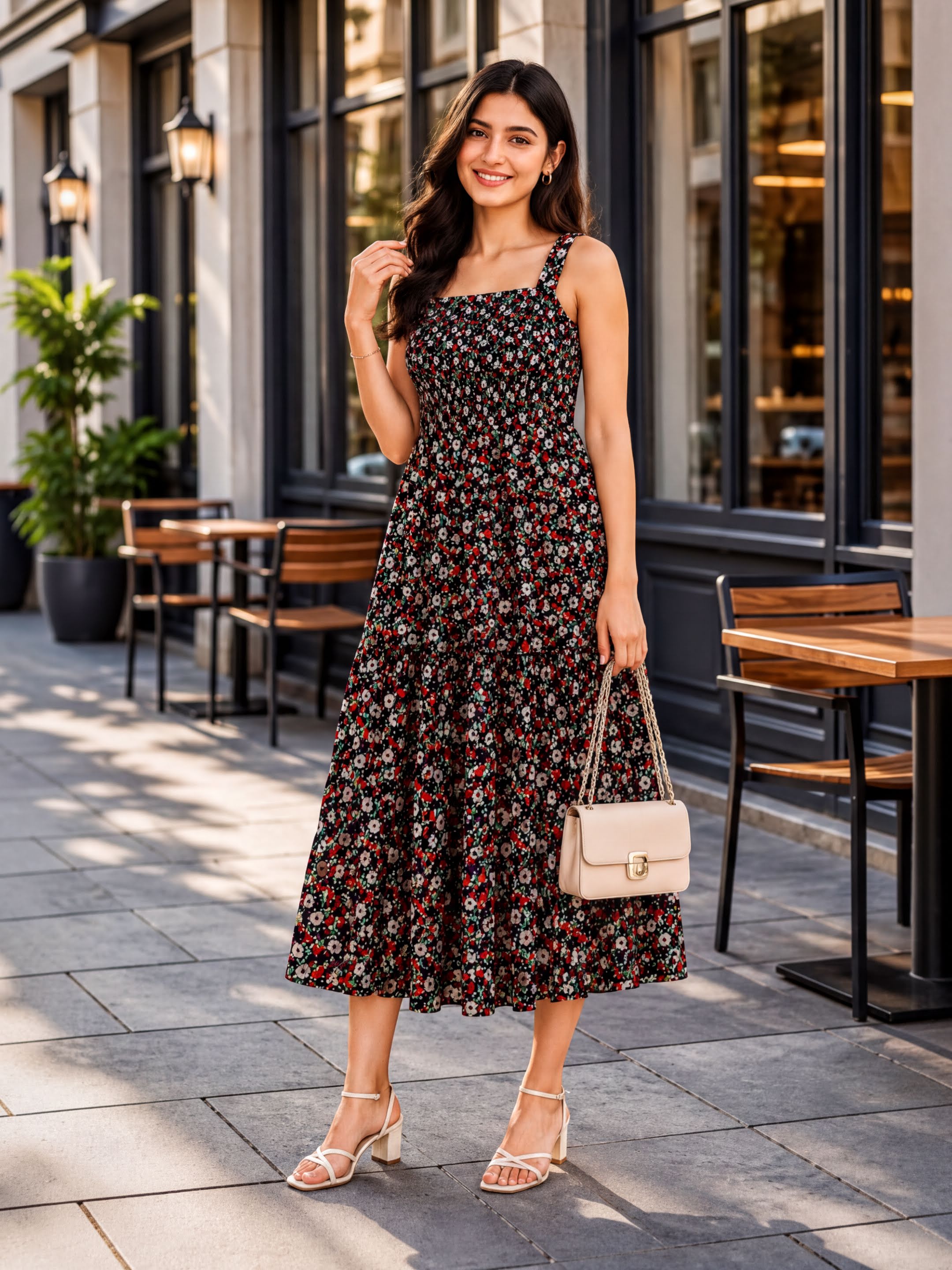 A young woman in a floral print dress stands on a sidewalk, smiling and holding a beige handbag.