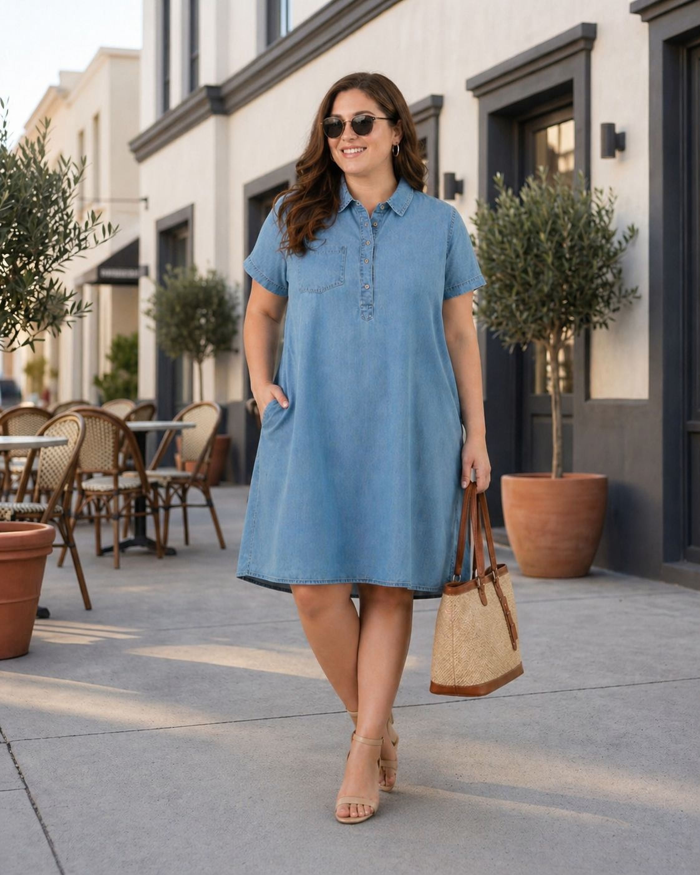 A woman wearing a blue denim dress and sunglasses is walking on a sidewalk, carrying a beige handbag.