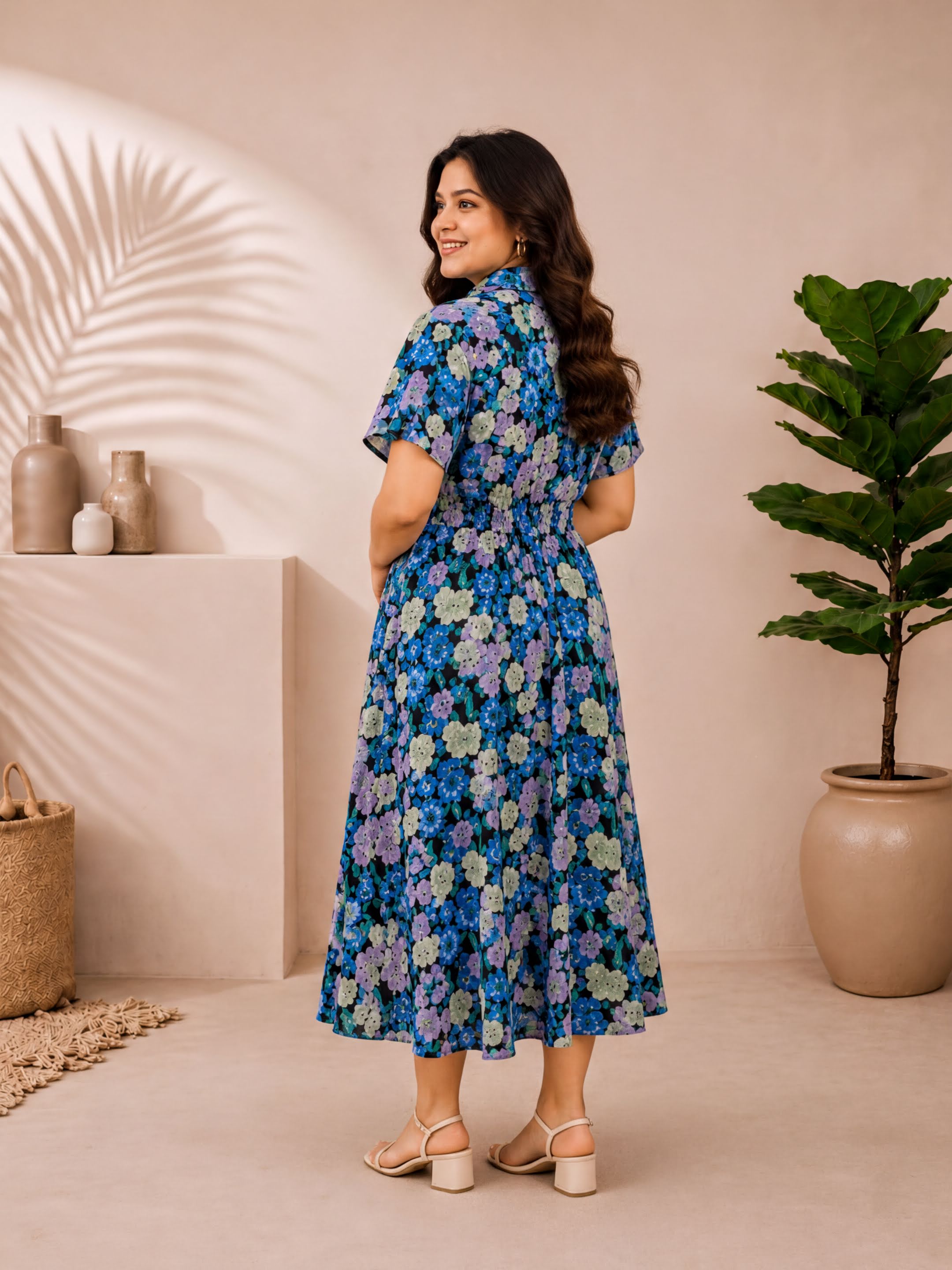 A woman wearing a blue floral dress stands in a room with a palm tree and potted plants in the background.