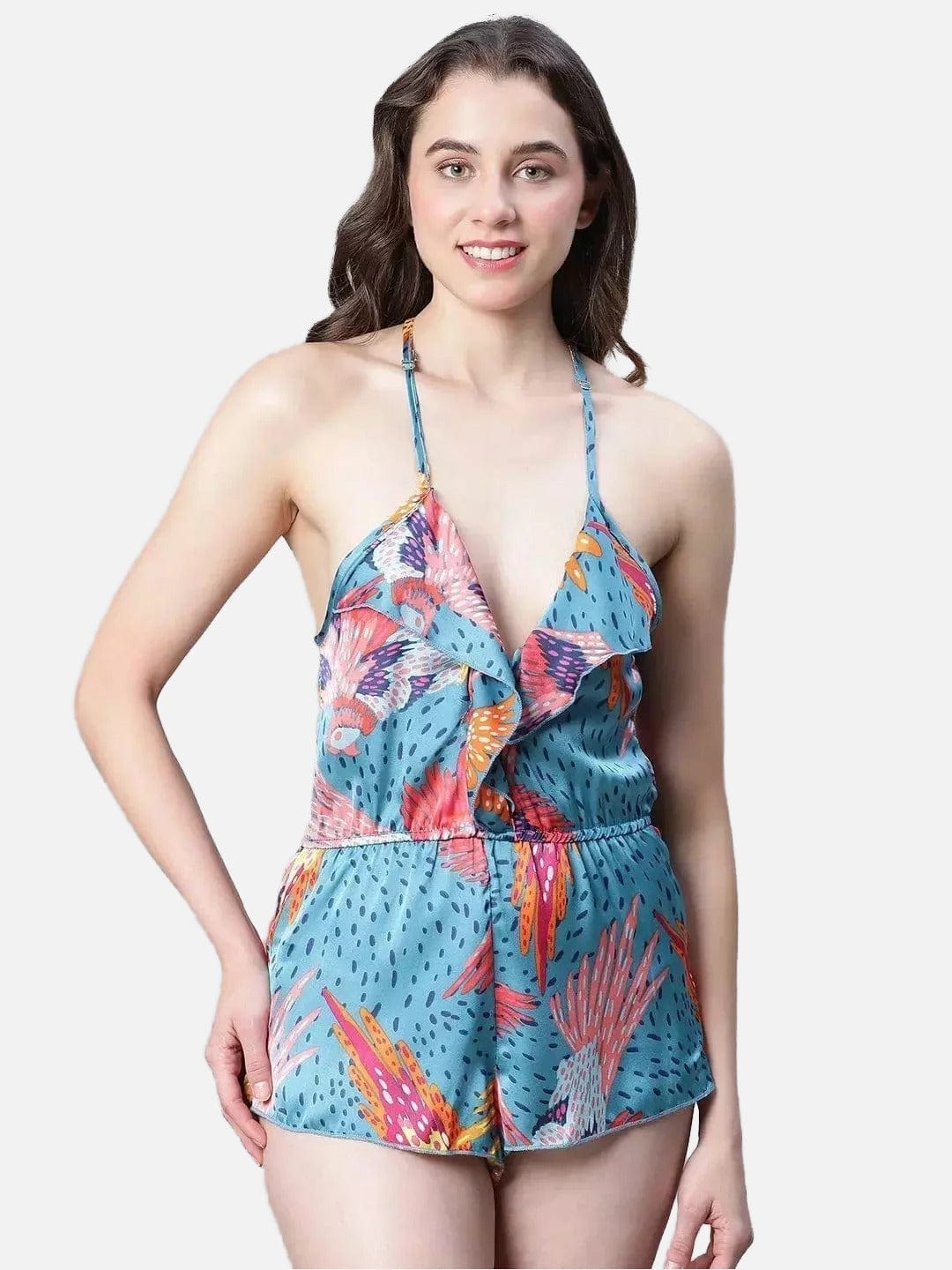 Restful Floral Print Multicolor Ruffled Satin Lingerie Set Playsuit - oxolloxo