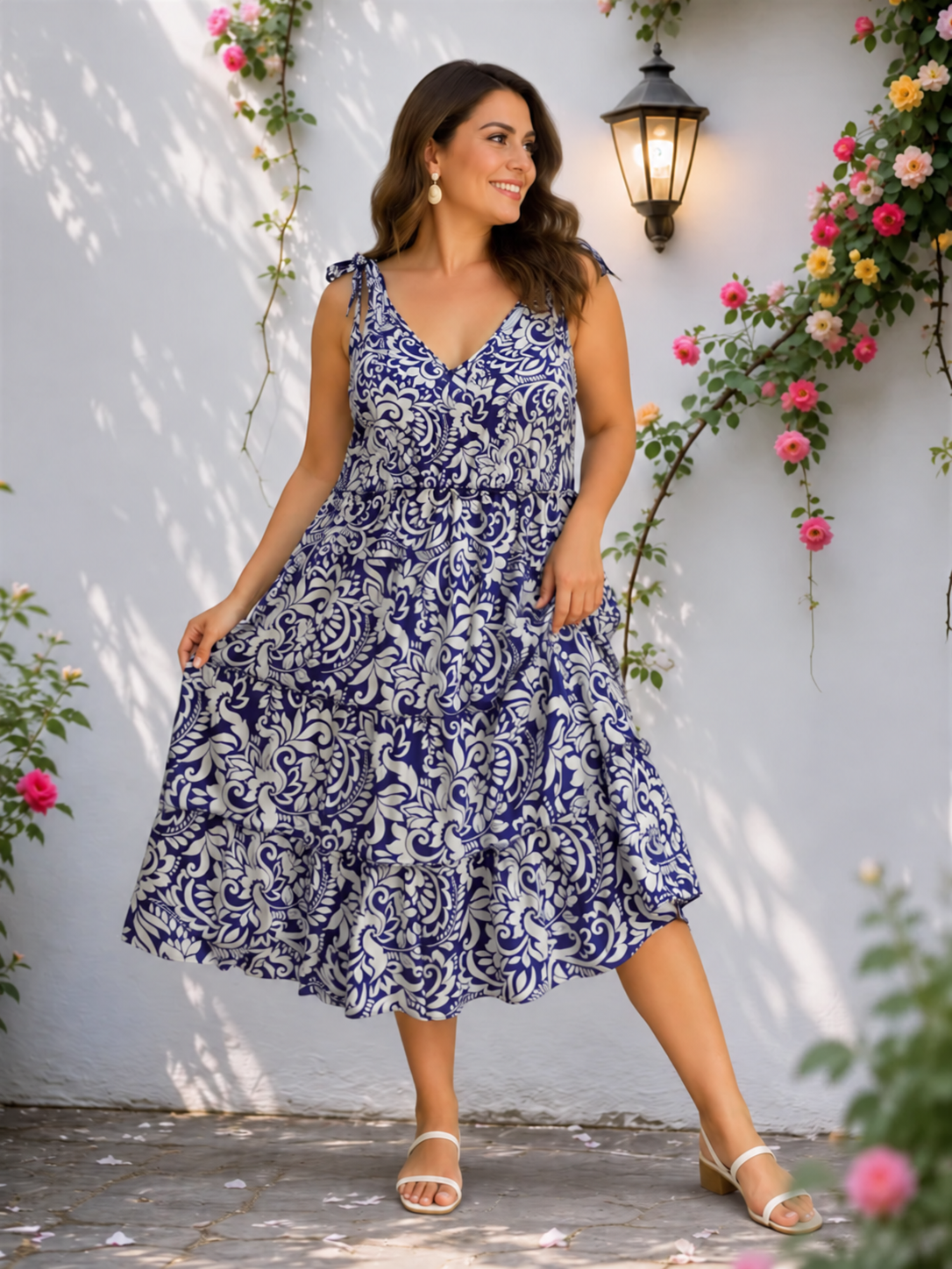 Women Plus Size Blue Floral Paisley Print Viscose Dress Oxolloxo