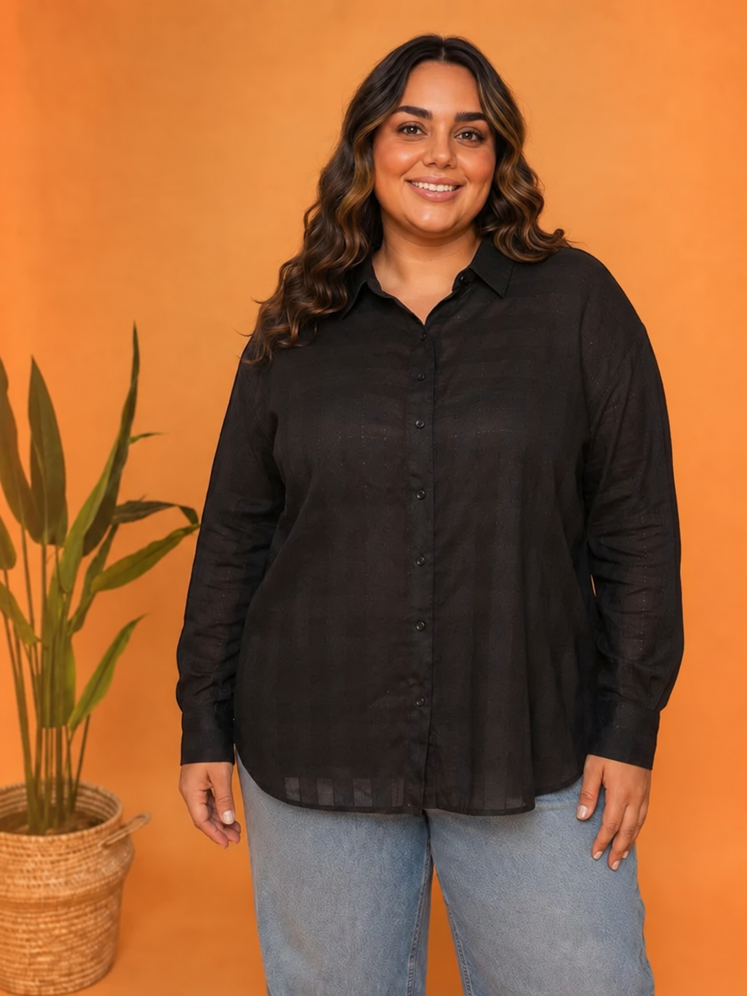 Women Plus Size Black Dobby Shirt Oxolloxo
