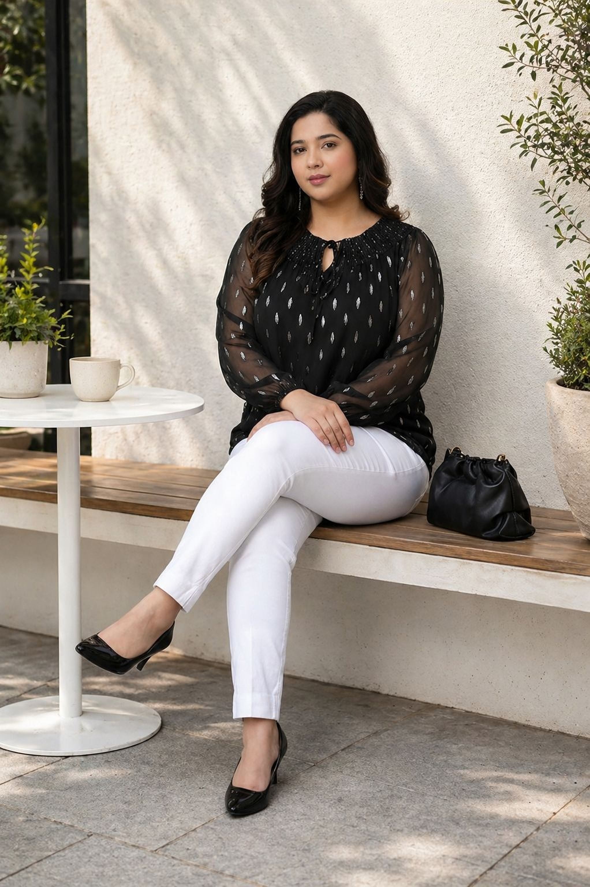 Plus size woman in black printed blouse and white pants sitting outdoors on bench