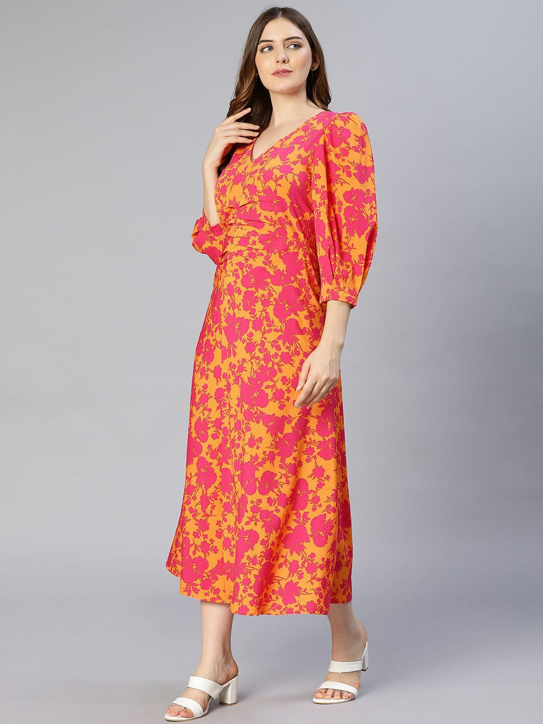 Orange Floral Printed Midi Dress