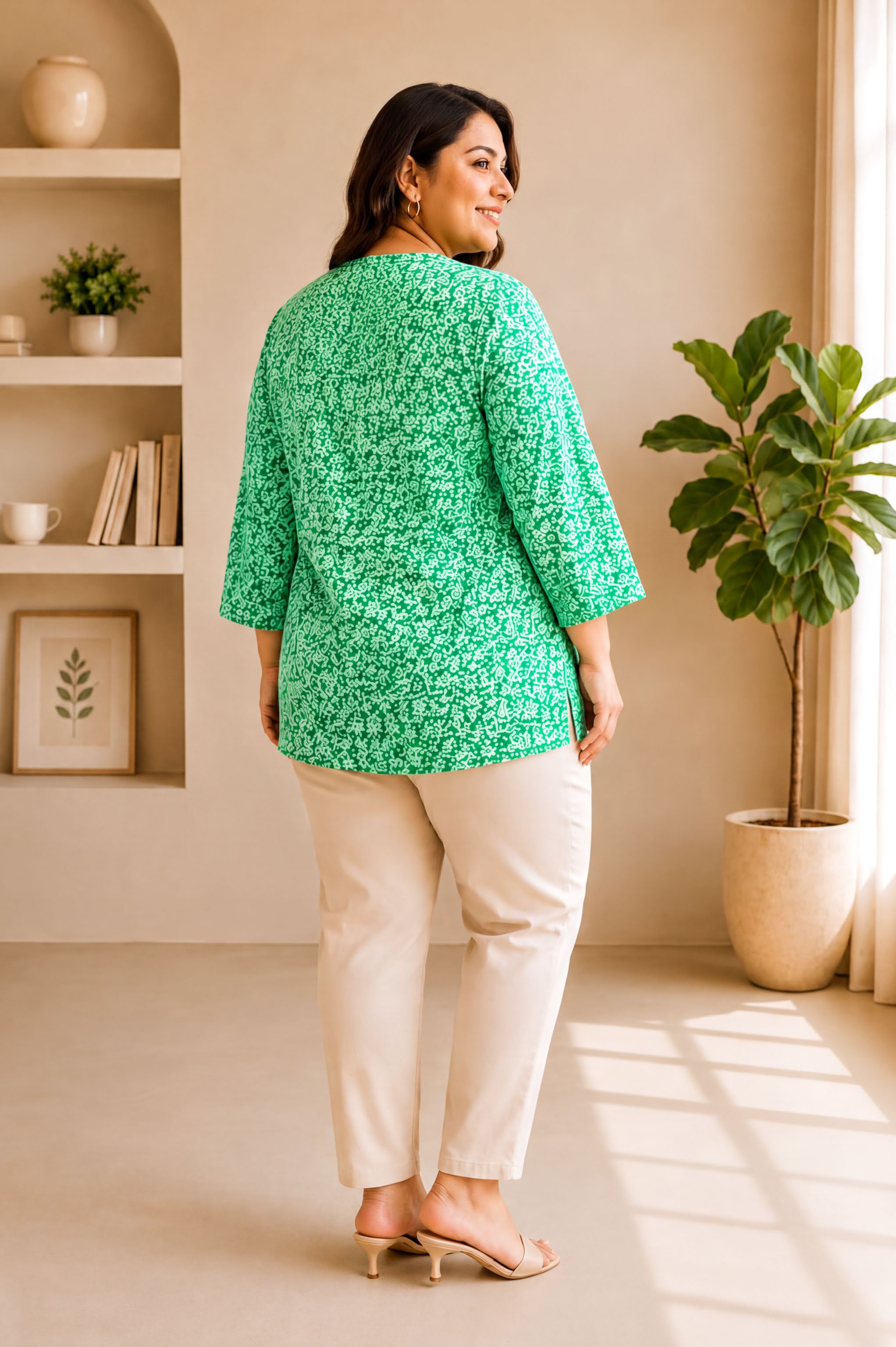 A woman wearing a green floral print blouse and beige pants stands in a room with a window, a plant, and a shelf with books.