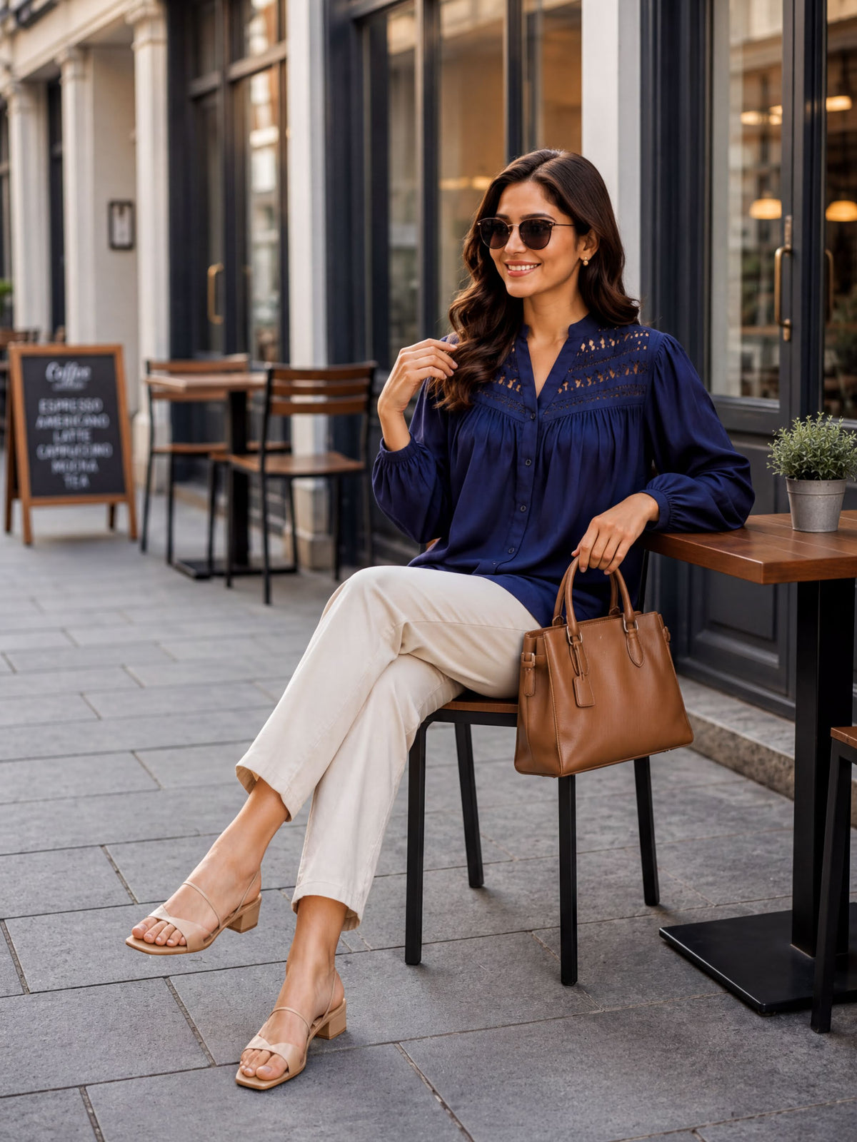A woman wearing a navy blue blouse and beige pants is sitting at a table outside a cafe, smiling and holding a brown purse.