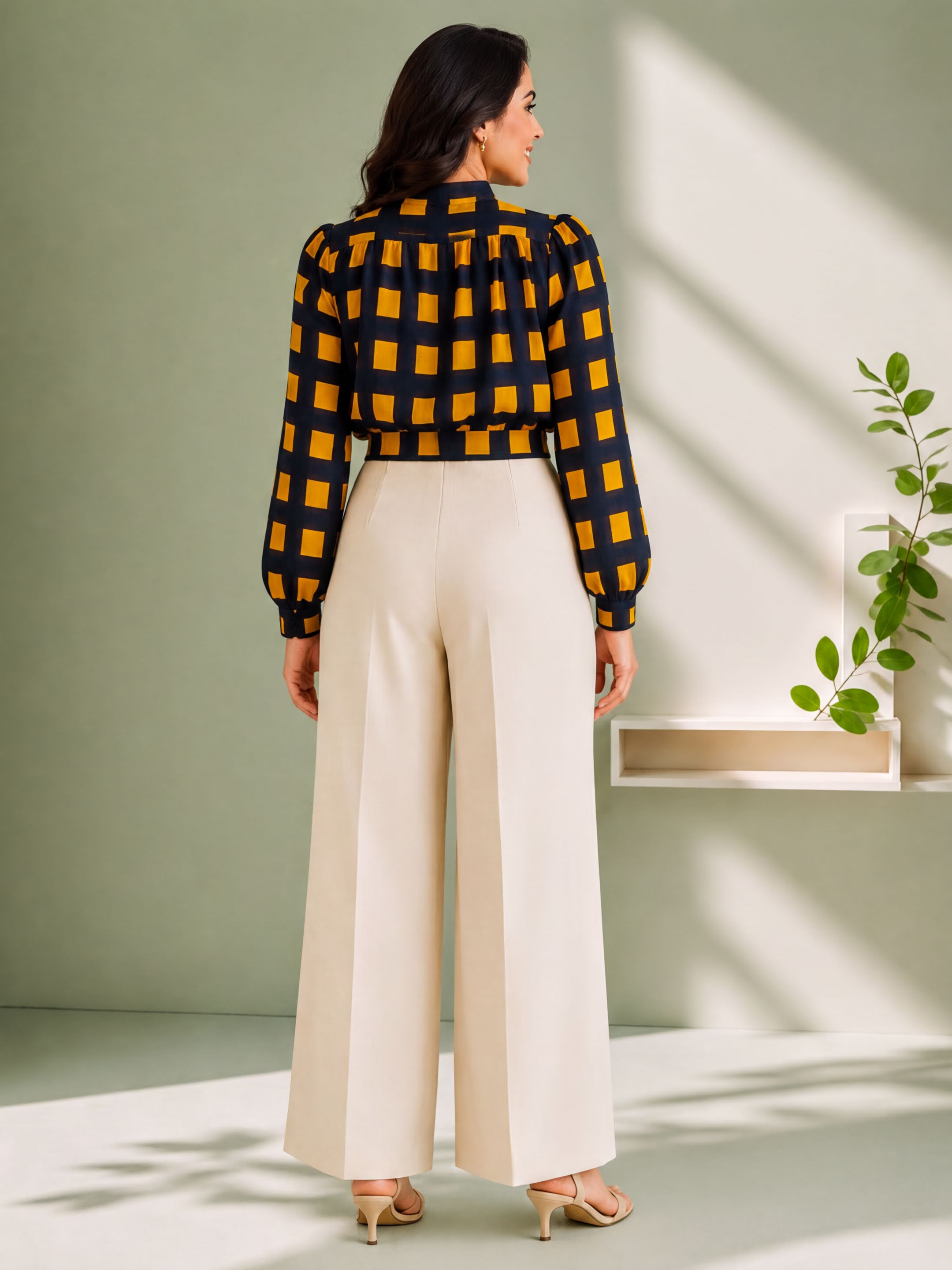 A woman wearing a black and orange checkered blouse and wide leg pants stands in a minimalist setting with a plant and a white shelf.
