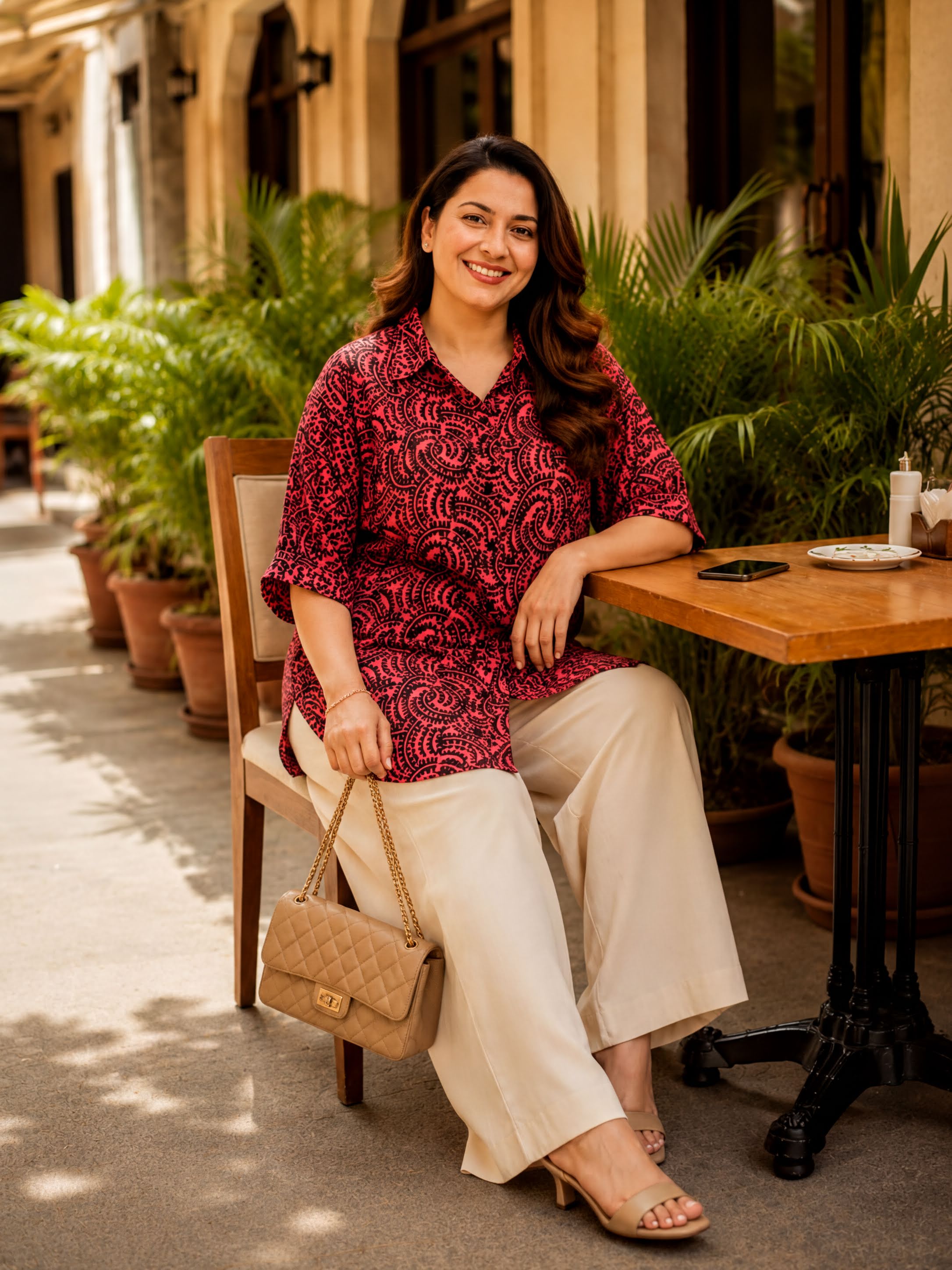 A woman in a red and black patterned blouse and white pants is sitting at a table outdoors, smiling and holding a beige handbag.