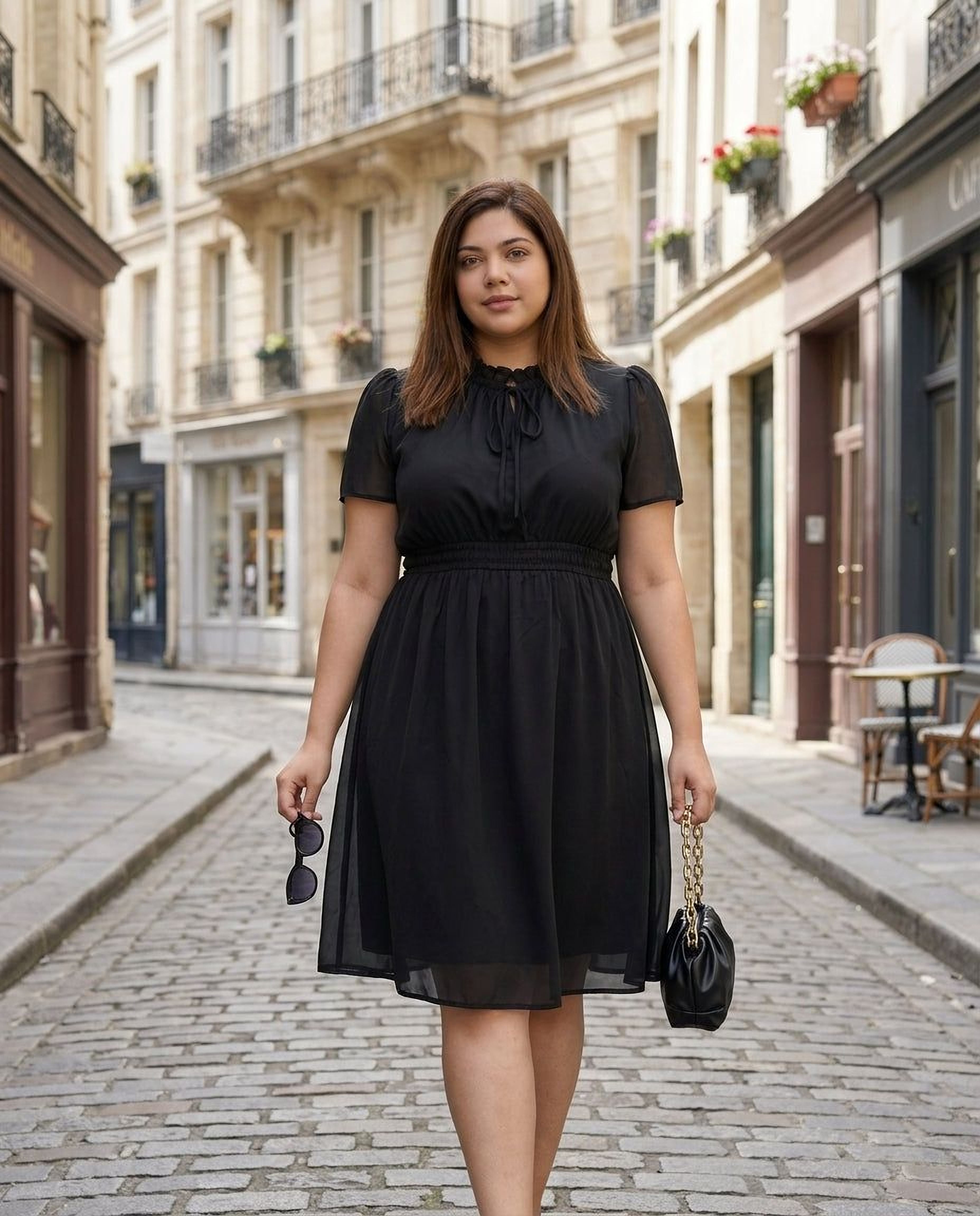 A woman wearing a black dress and high heels is smiling and looking down at her hand.