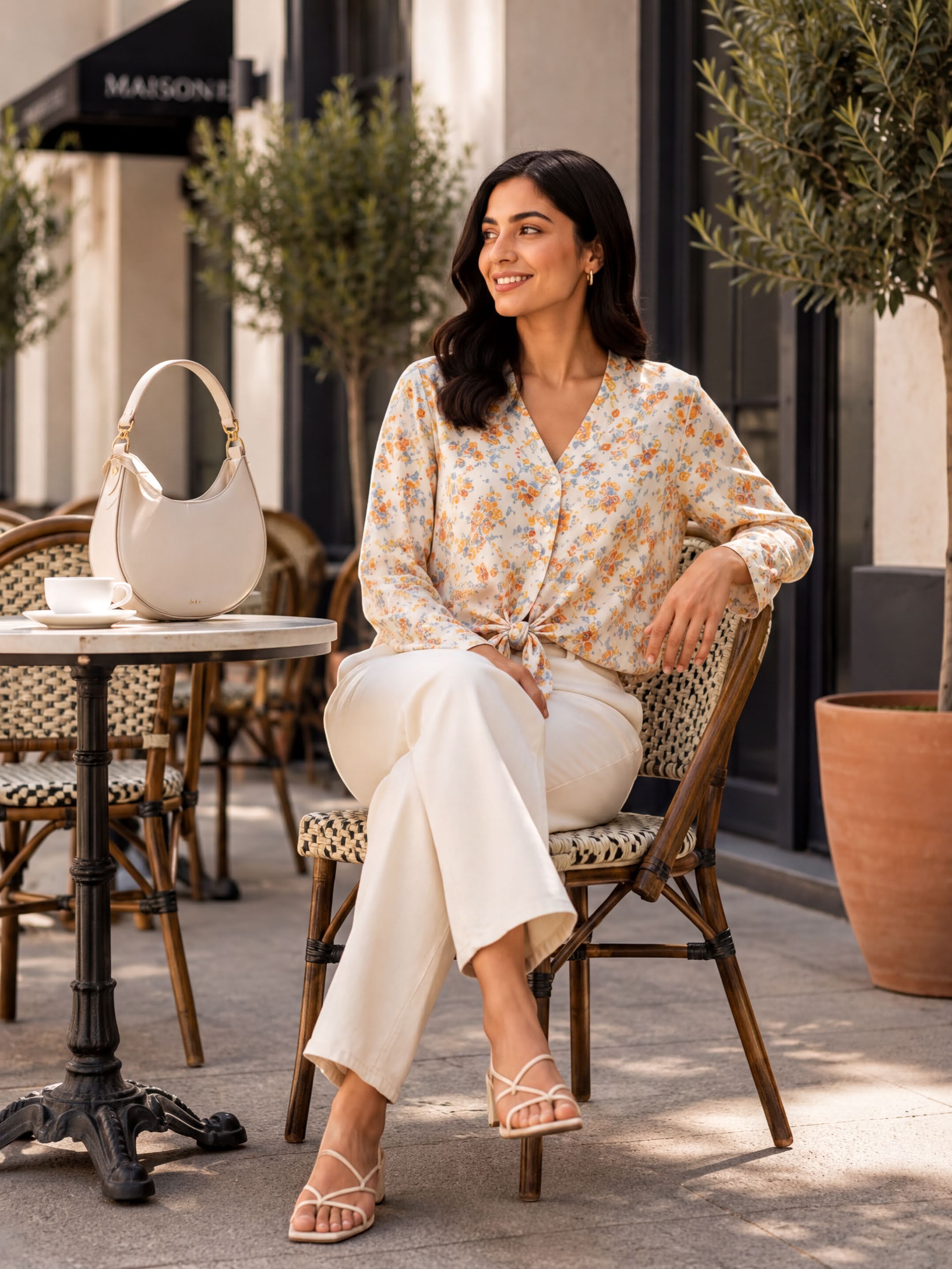A woman in a floral blouse and white pants is seated at an outdoor table, smiling and looking to her left.