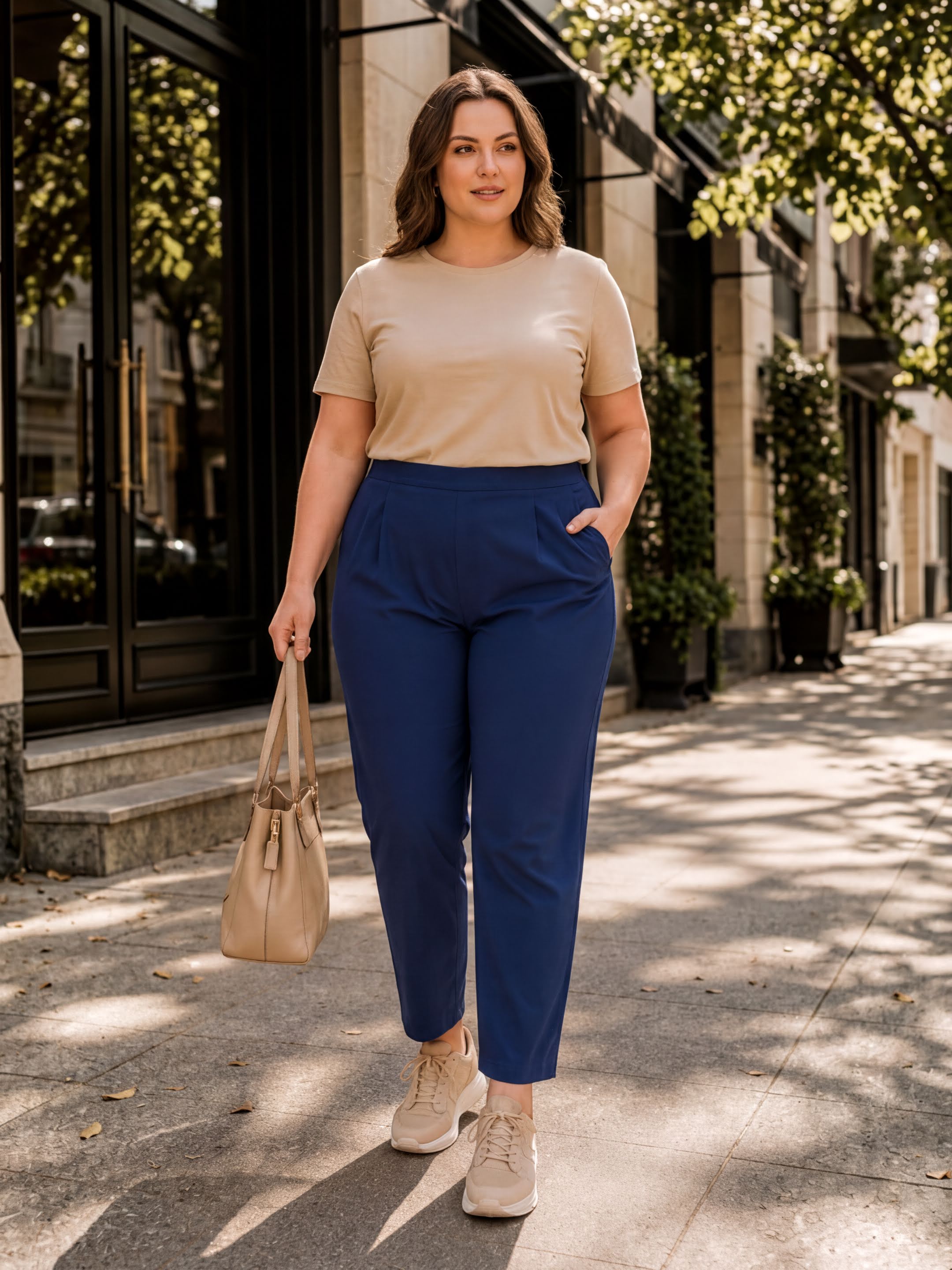 A woman wearing a beige top and blue pants is walking down a city street, carrying a beige handbag.