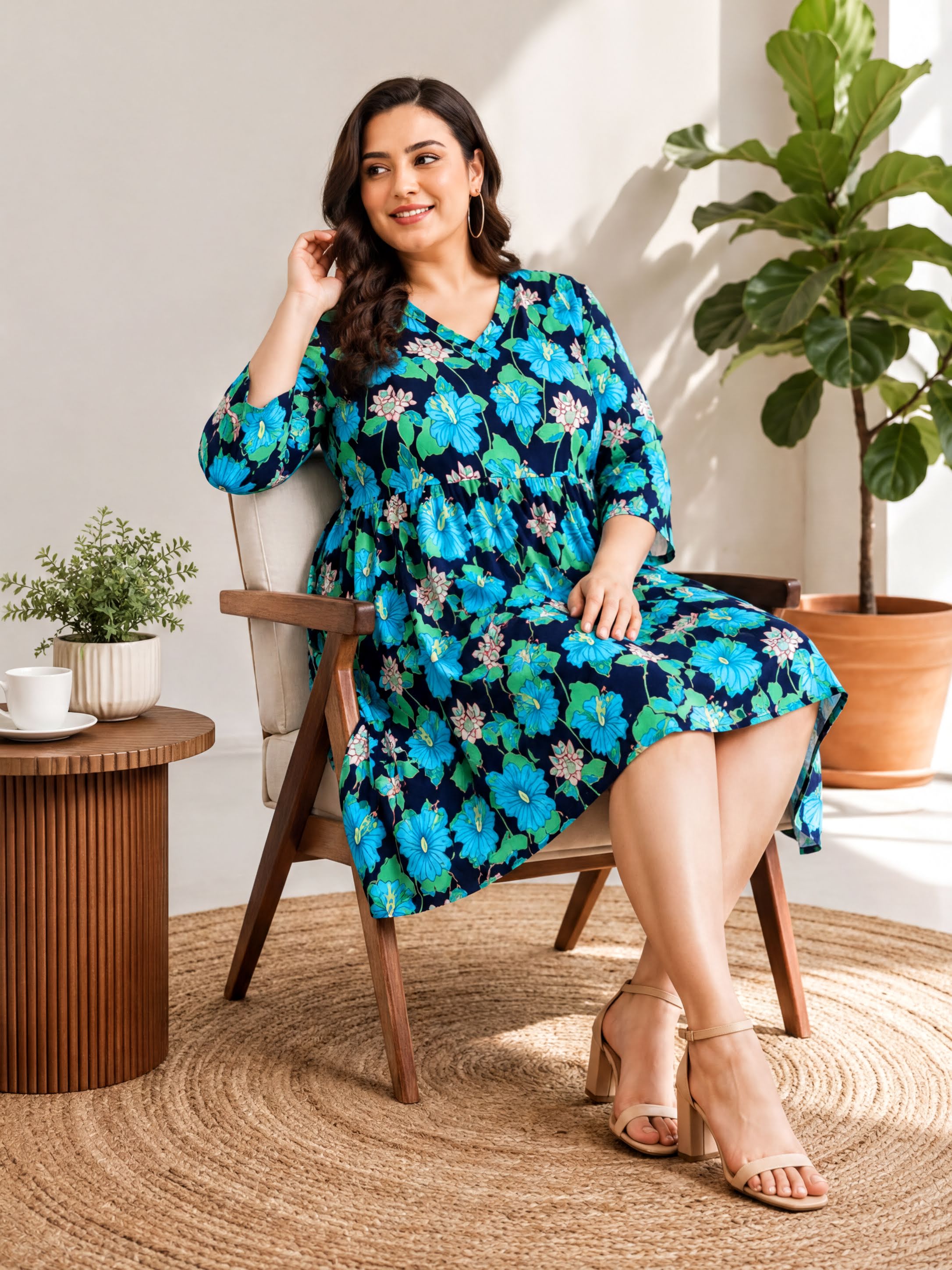 plus size multicolor floral print v neck long sleeve knee length dress