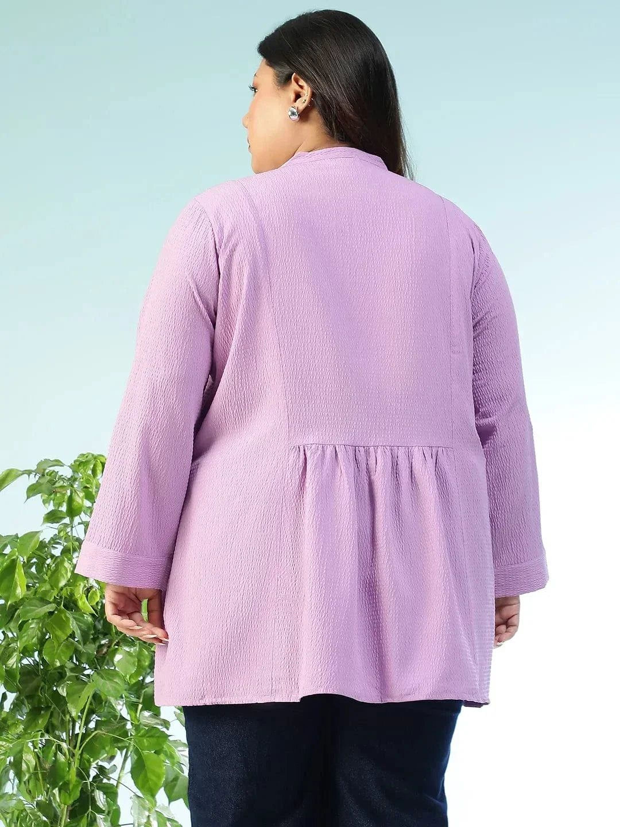 subtle-solid-purple-long-sleeve-pleates-detail-button-down-plus-size-women-dobby-tunic