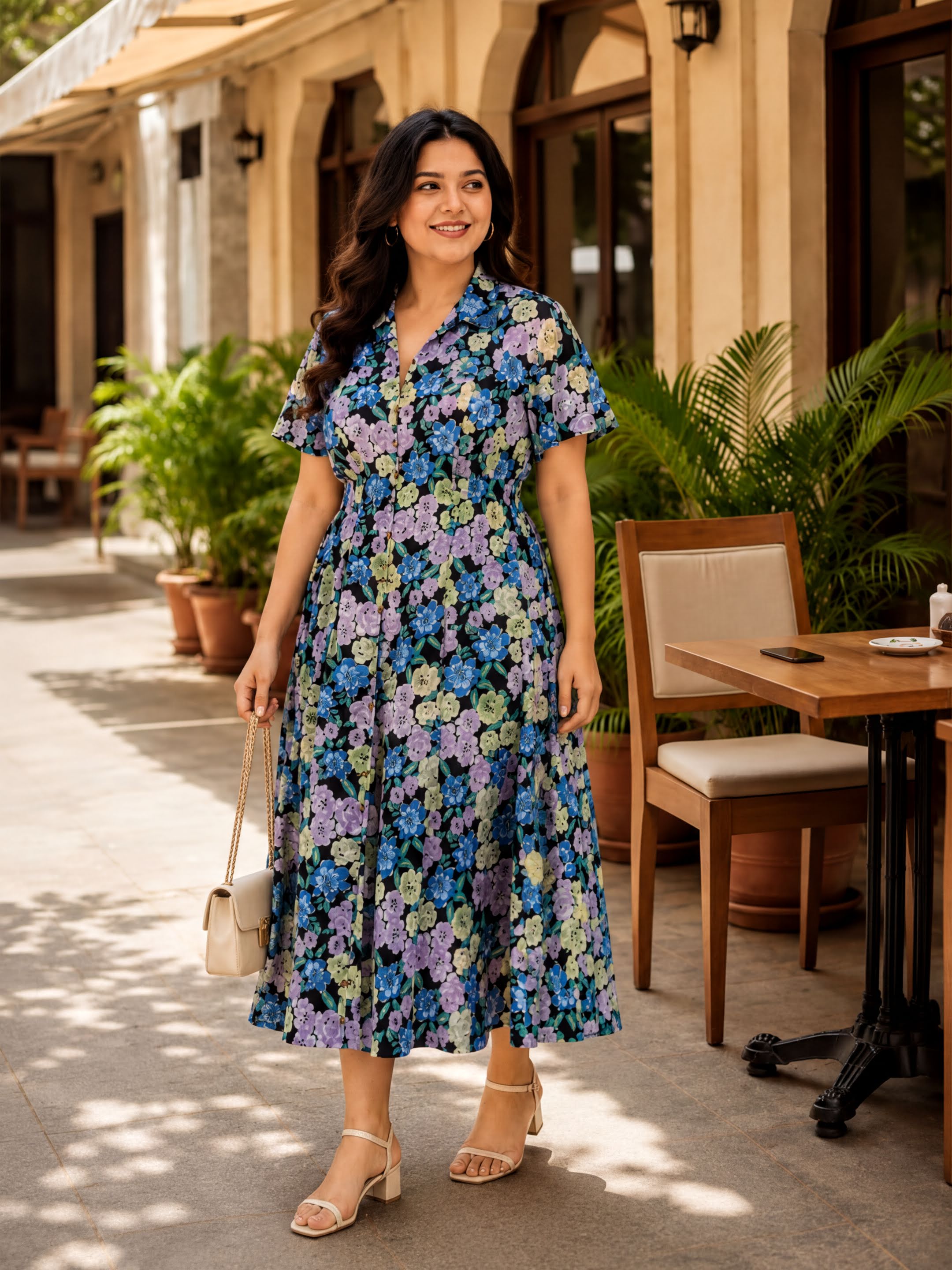 A woman wearing a blue and purple floral dress is standing on a sidewalk, smiling and holding a small purse.