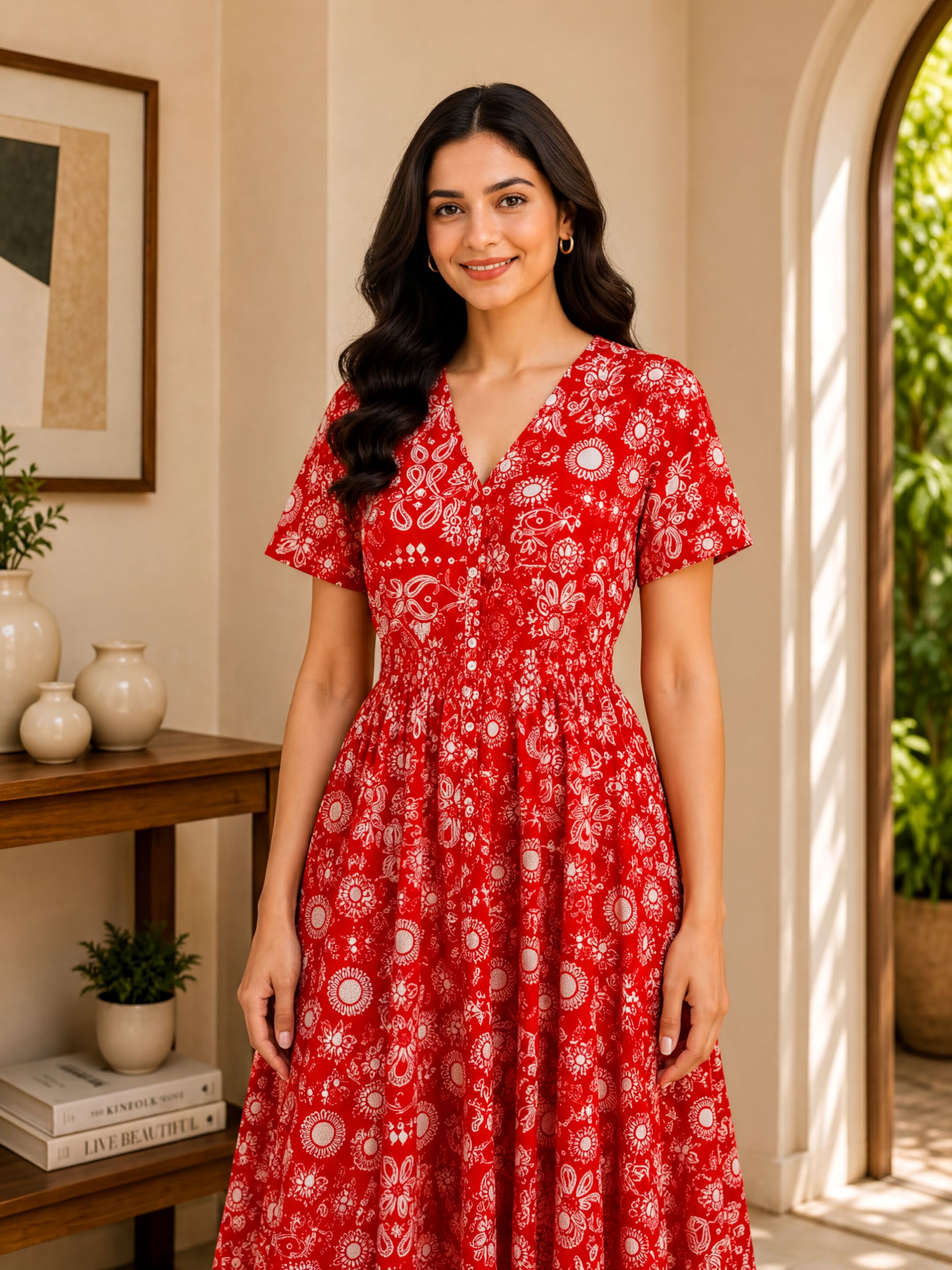 A woman wearing a red floral dress stands in a room with a wooden table, plants, and books.