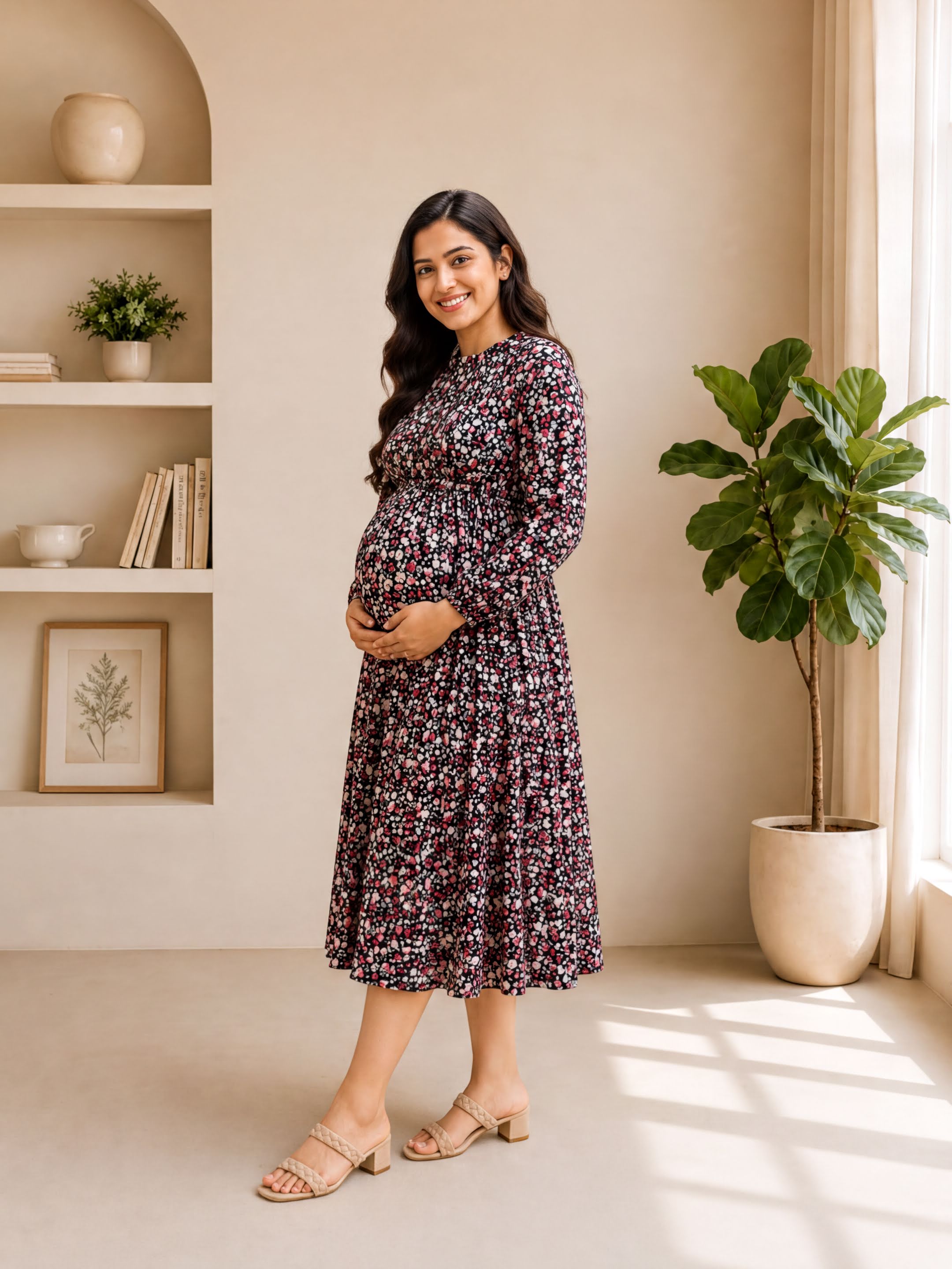 A pregnant woman wearing a long, floral print dress stands in a room with a window, smiling at the camera.