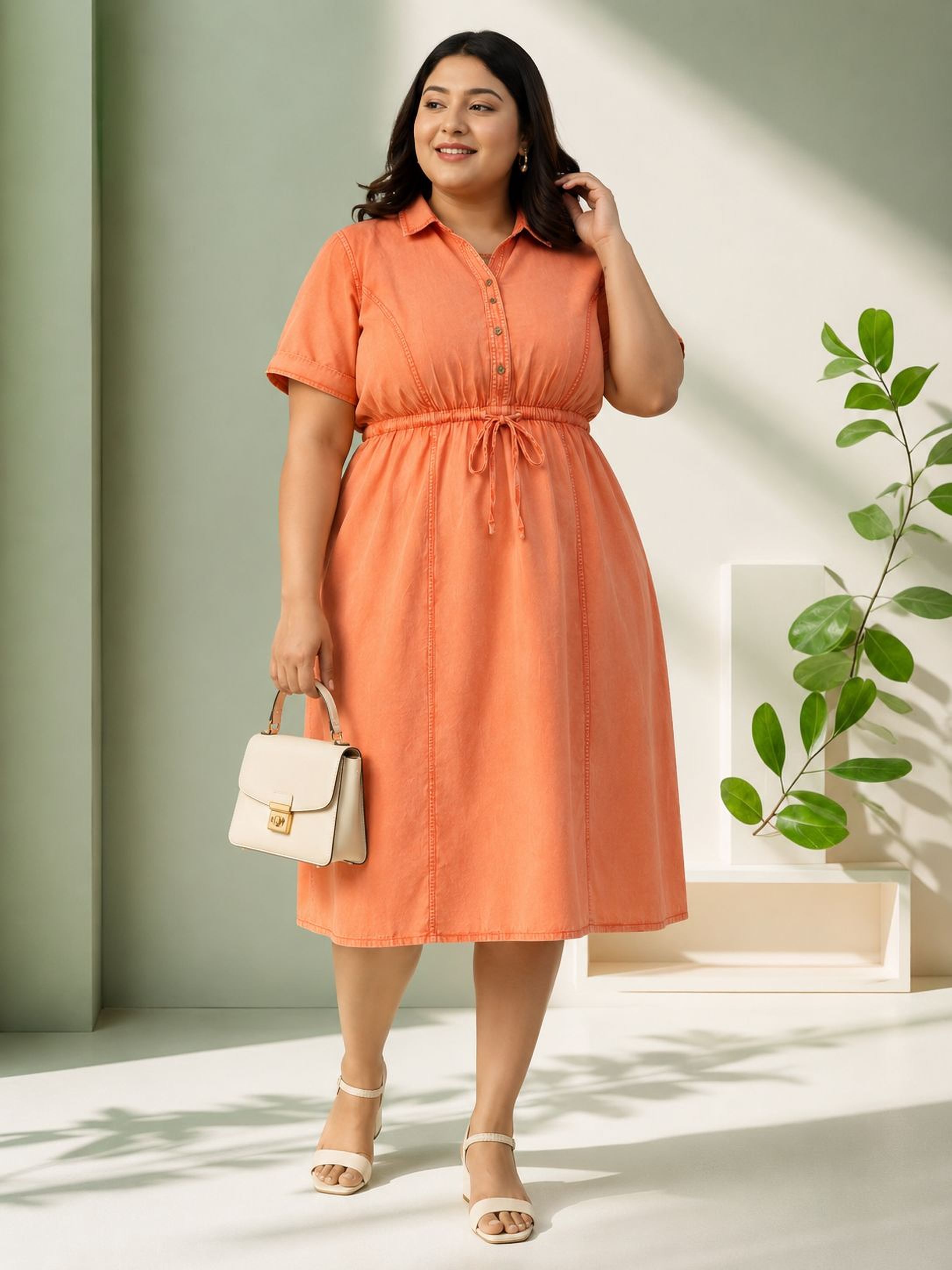 A woman wearing an orange dress and holding a small white purse stands in front of a green plant and a white wall.