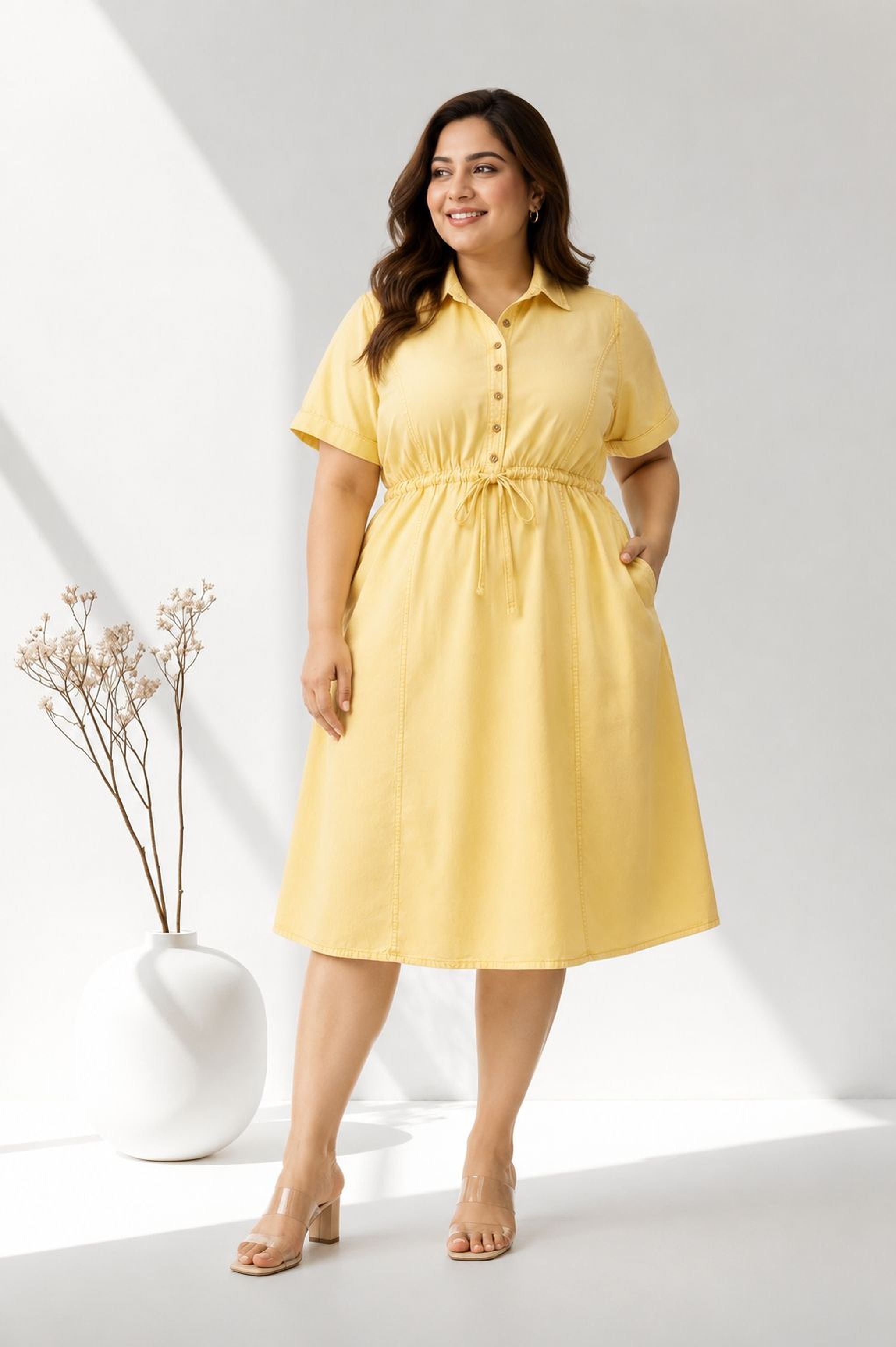 A woman wearing a yellow dress with short sleeves and a drawstring waist, standing in front of a white vase with flowers.