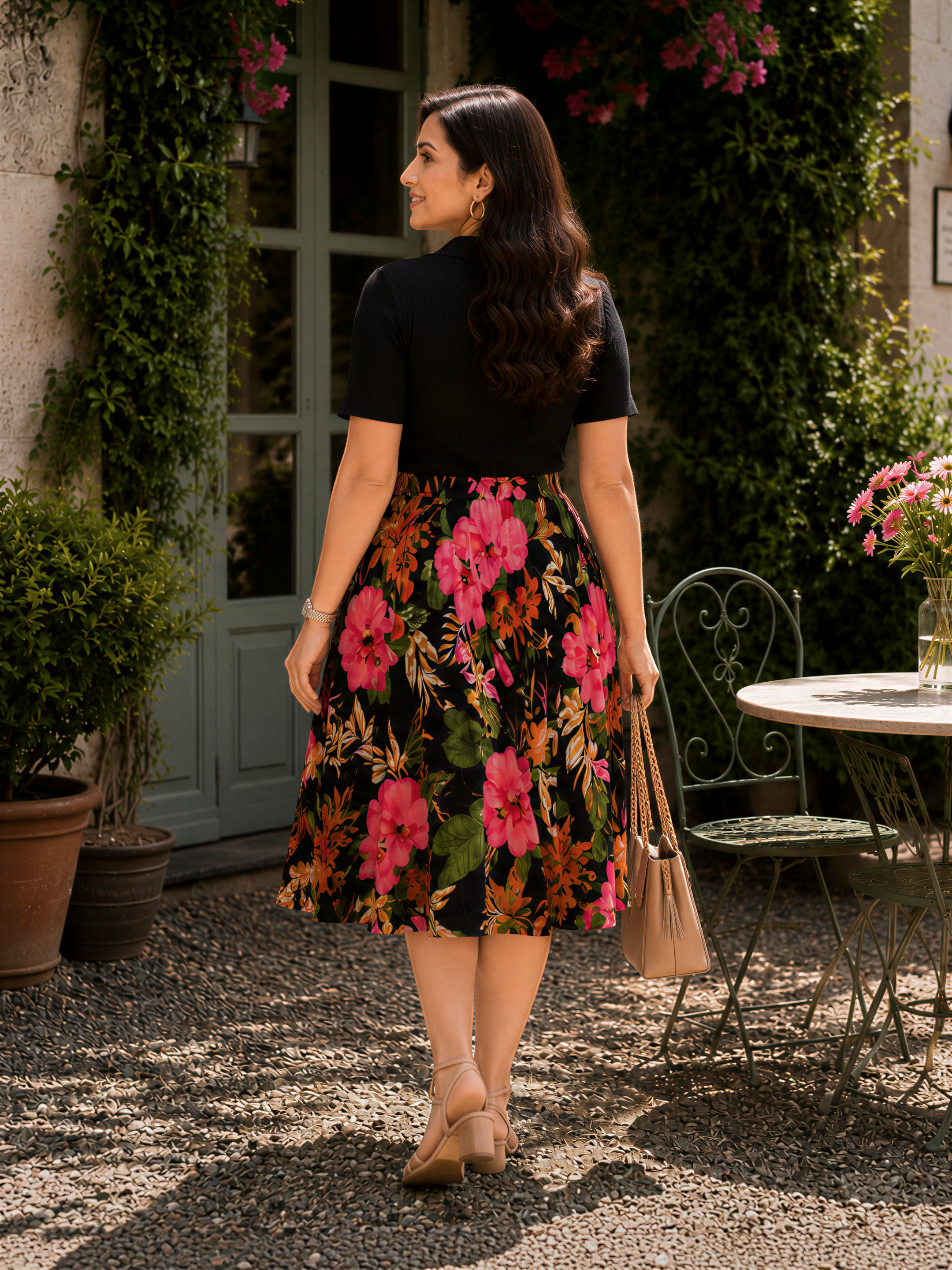 A woman in a black top and a colorful floral skirt stands in front of a building with a green door, holding a beige purse and smiling.