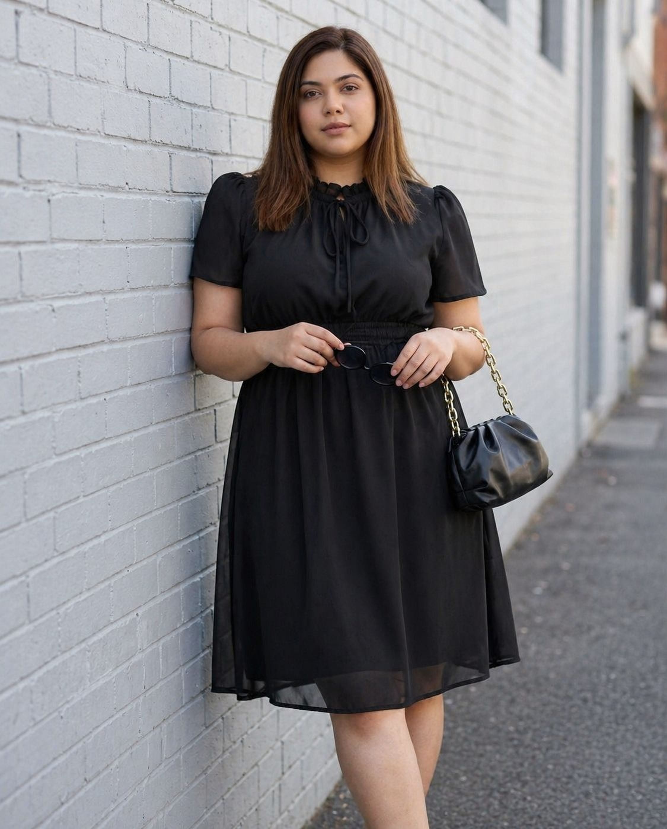 A woman wearing a black dress and high heels is smiling and looking down at her hand.
