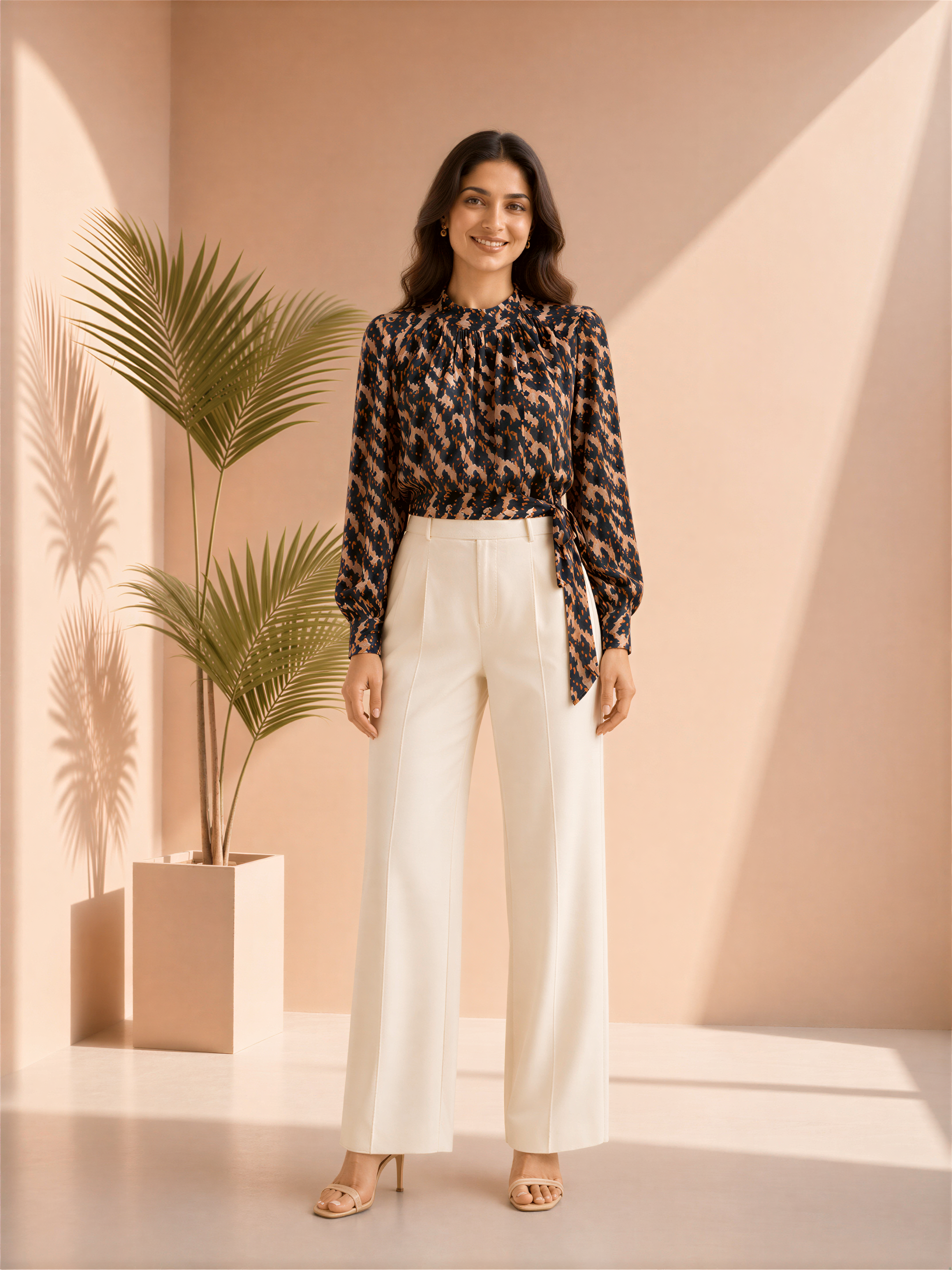 A woman wearing a black and brown patterned blouse and white pants stands in a room with a potted plant and a light pink wall.