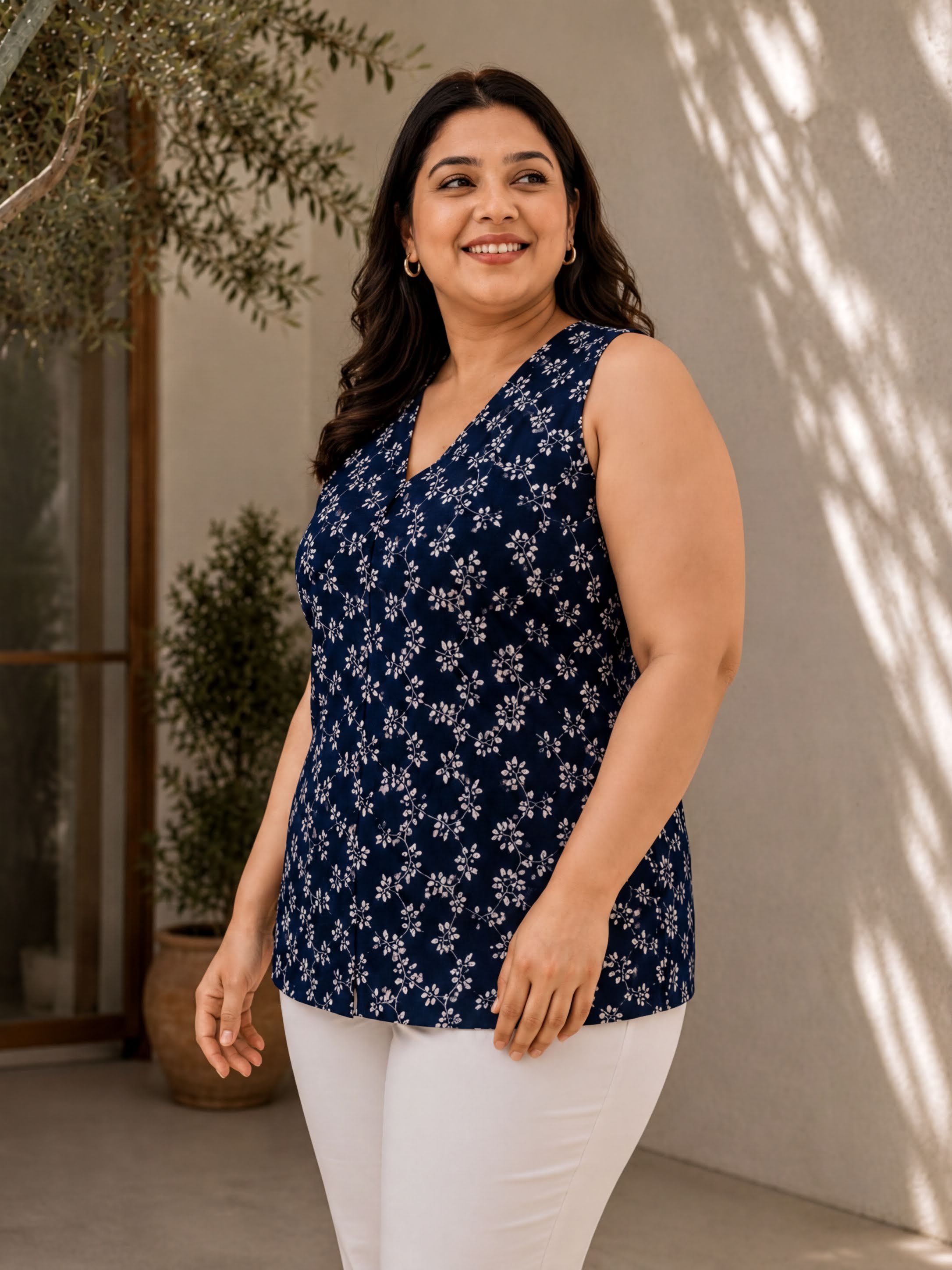 A woman wearing a blue floral top and white pants is smiling and posing for the camera.
