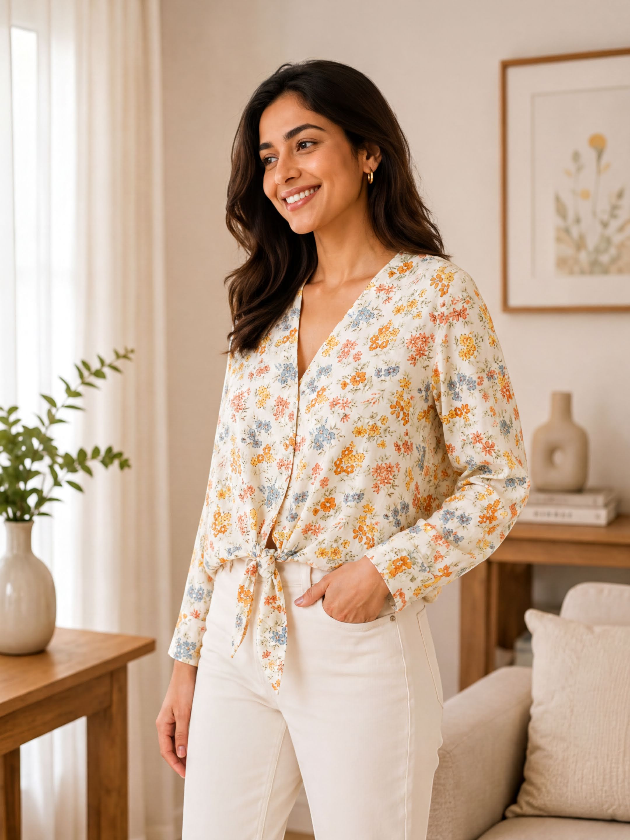 A woman wearing a floral print blouse and white pants is smiling and standing in a room with a wooden table, a vase of flowers, and a framed picture on the wall.