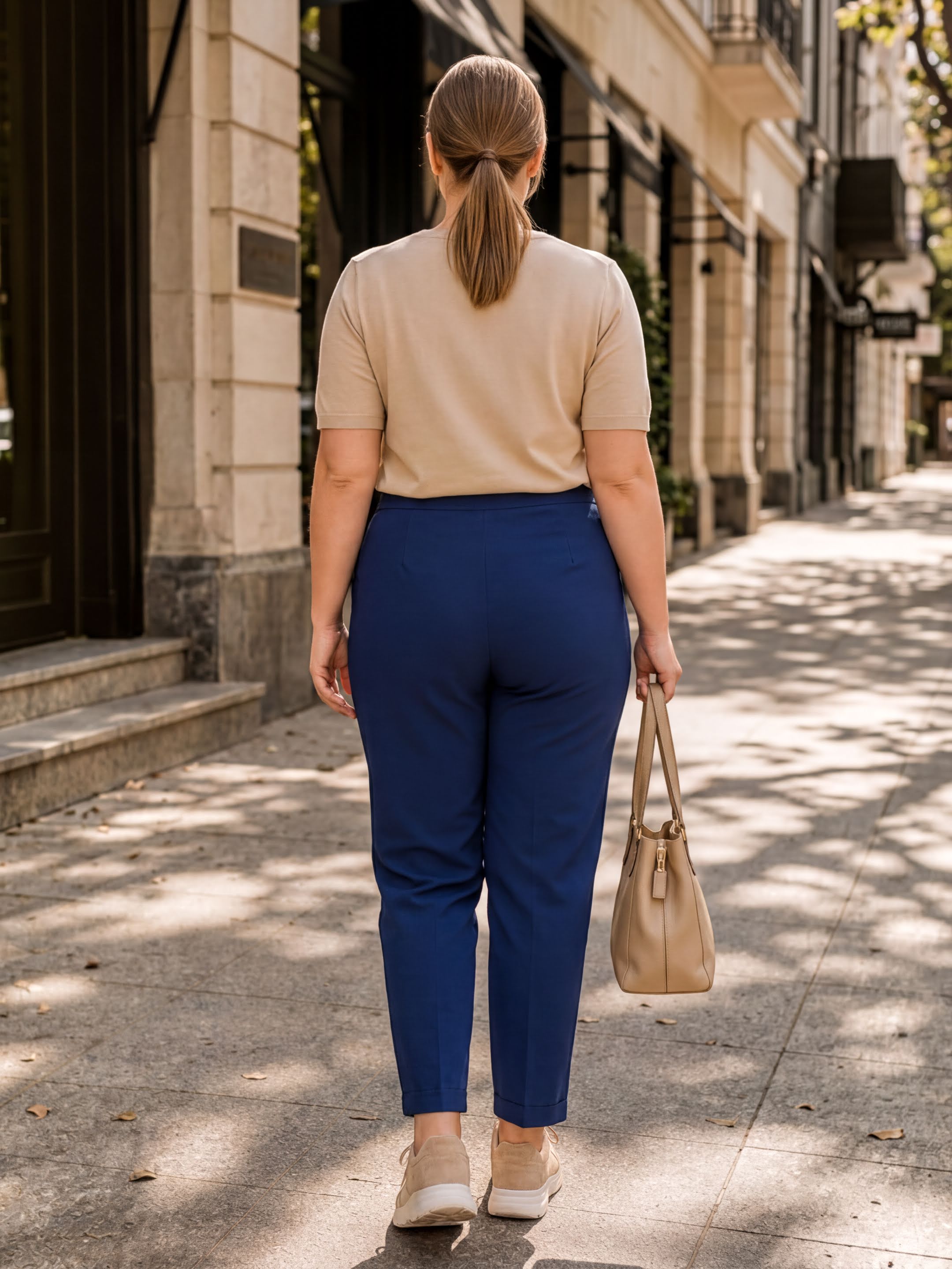 A woman wearing a beige top and blue pants is walking down a city street, carrying a tan purse.