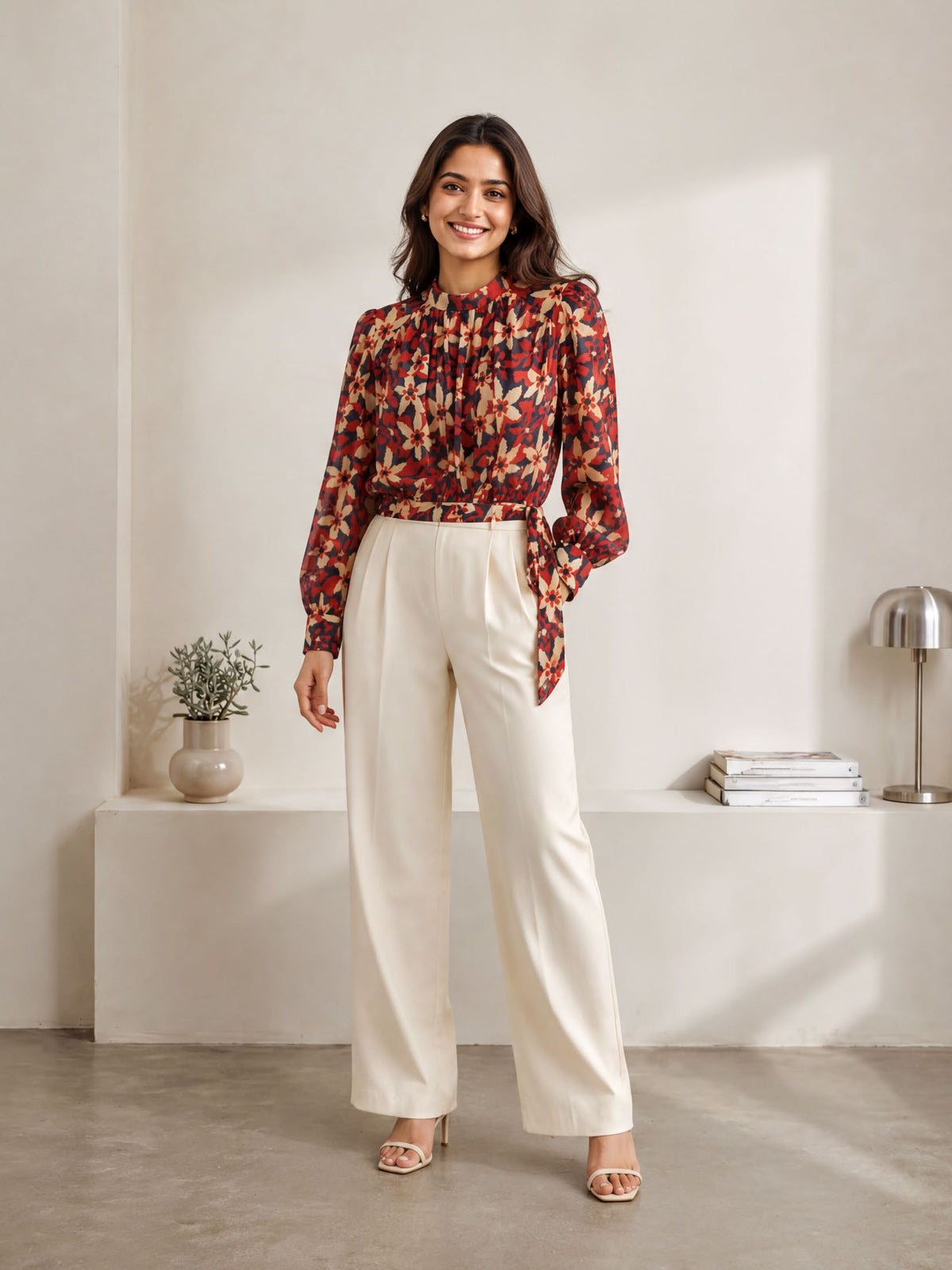 A woman wearing a red and black floral blouse and white pants stands in a minimalist room with a white wall, a small plant, and a stack of books.