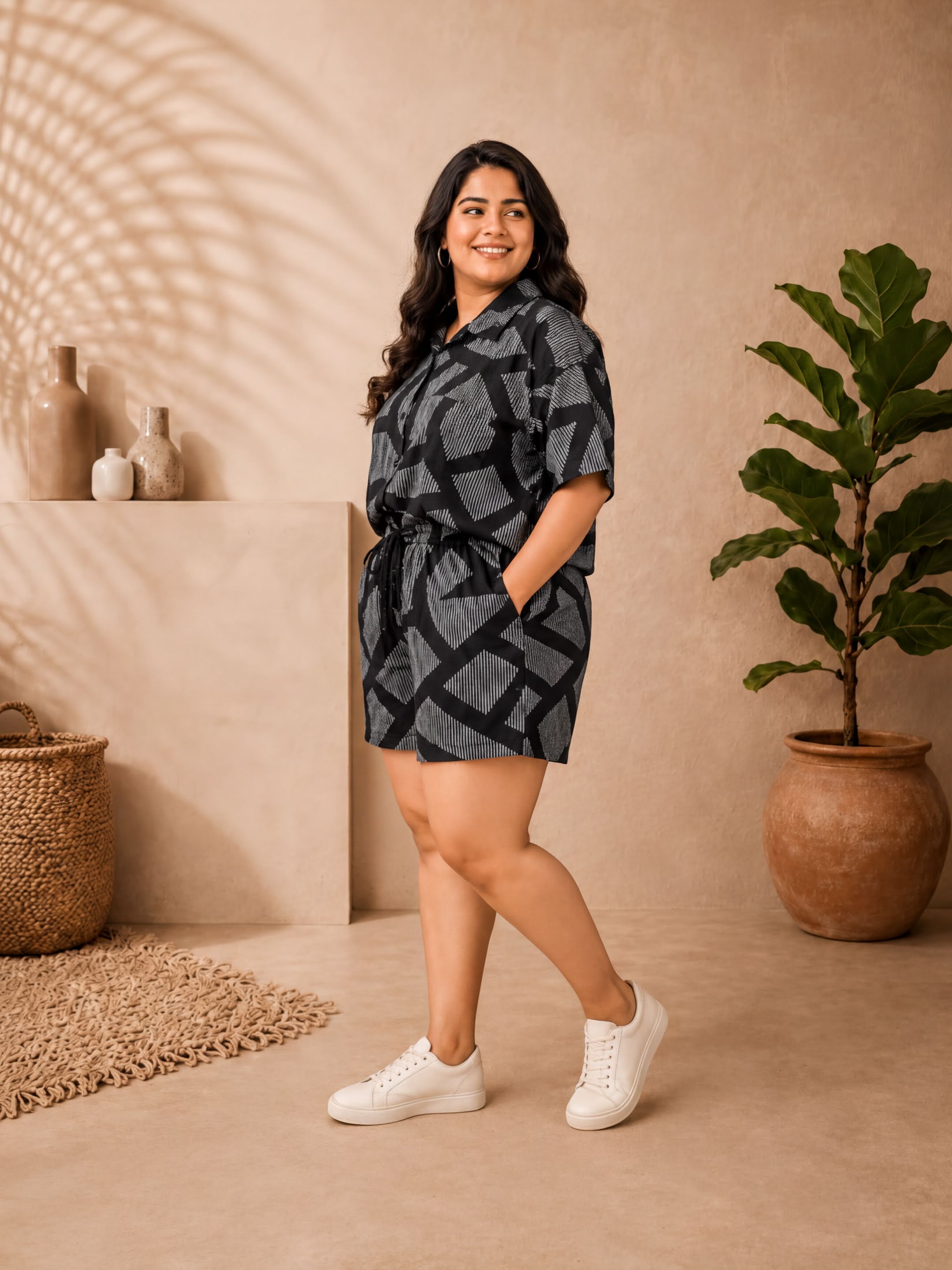 A woman wearing a black and white patterned dress stands in a room with a woven basket, a potted plant, and a rug on the floor.